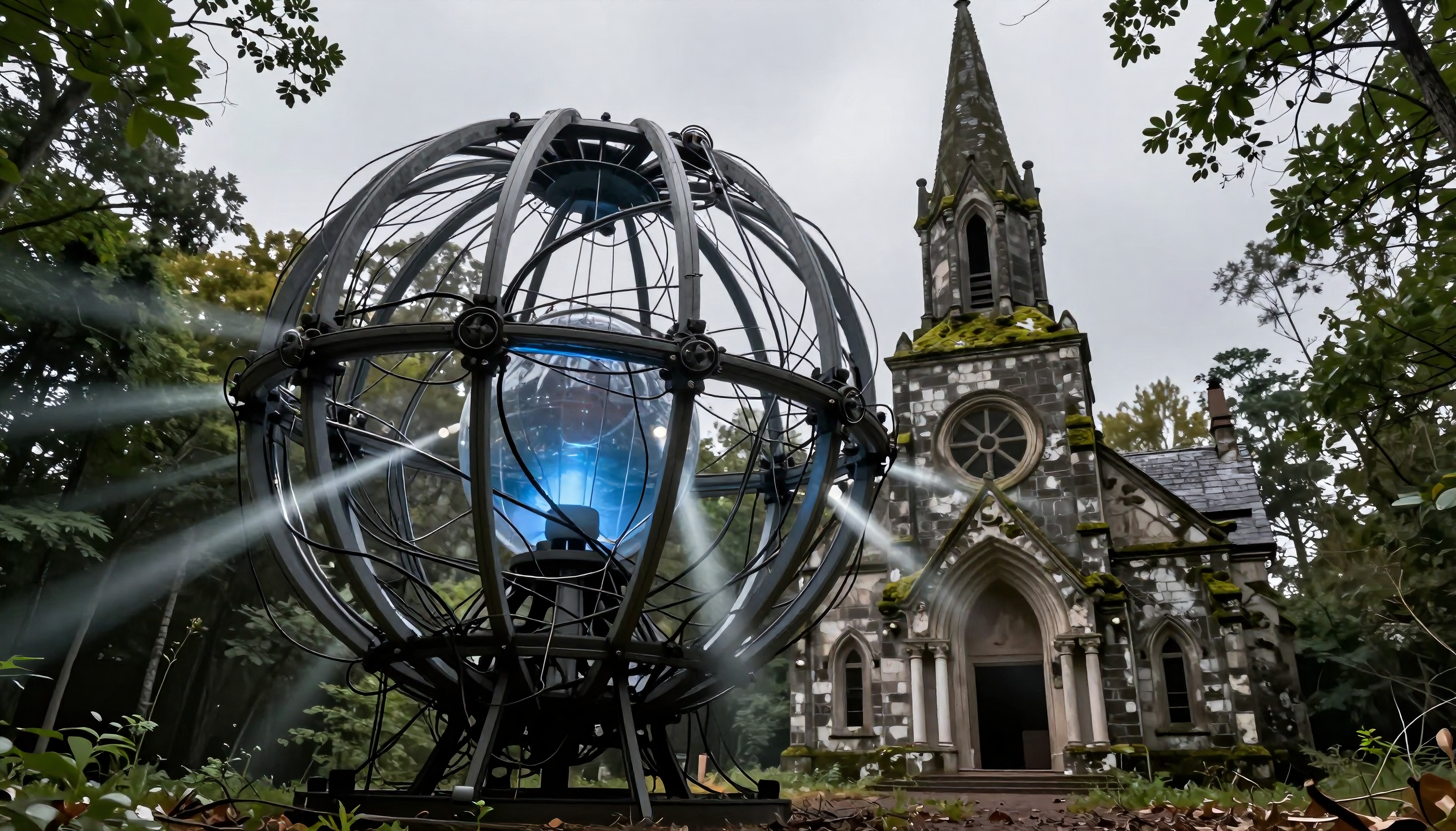 A futuristic orb emits light beams near a gothic church amidst a forest setting.