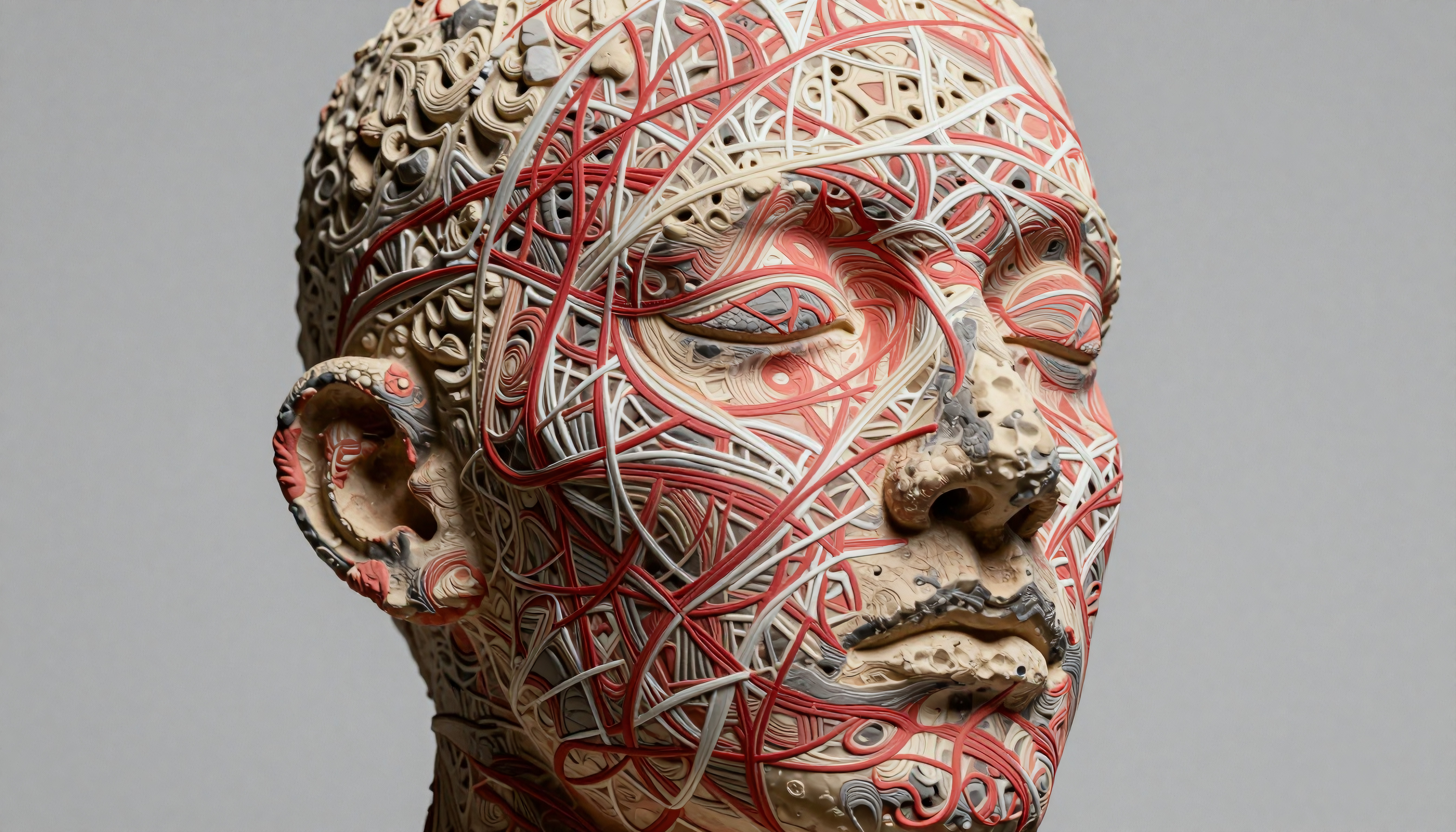 Sculpture of human head with interwoven red white beige lines on textured surface