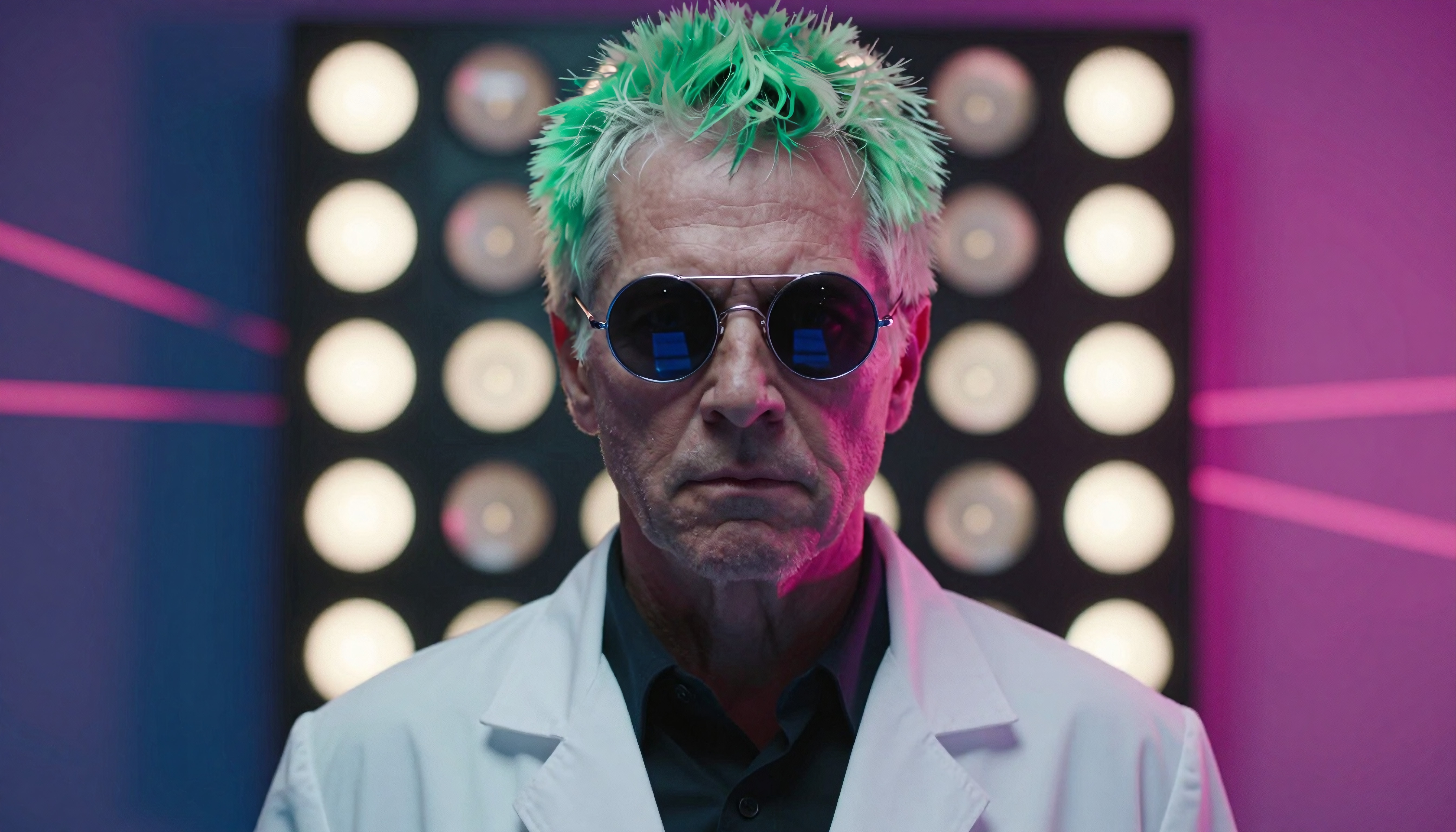 An eccentric scientist with spiky green hair and sunglasses stands in a dramatically lit futuristic lab.