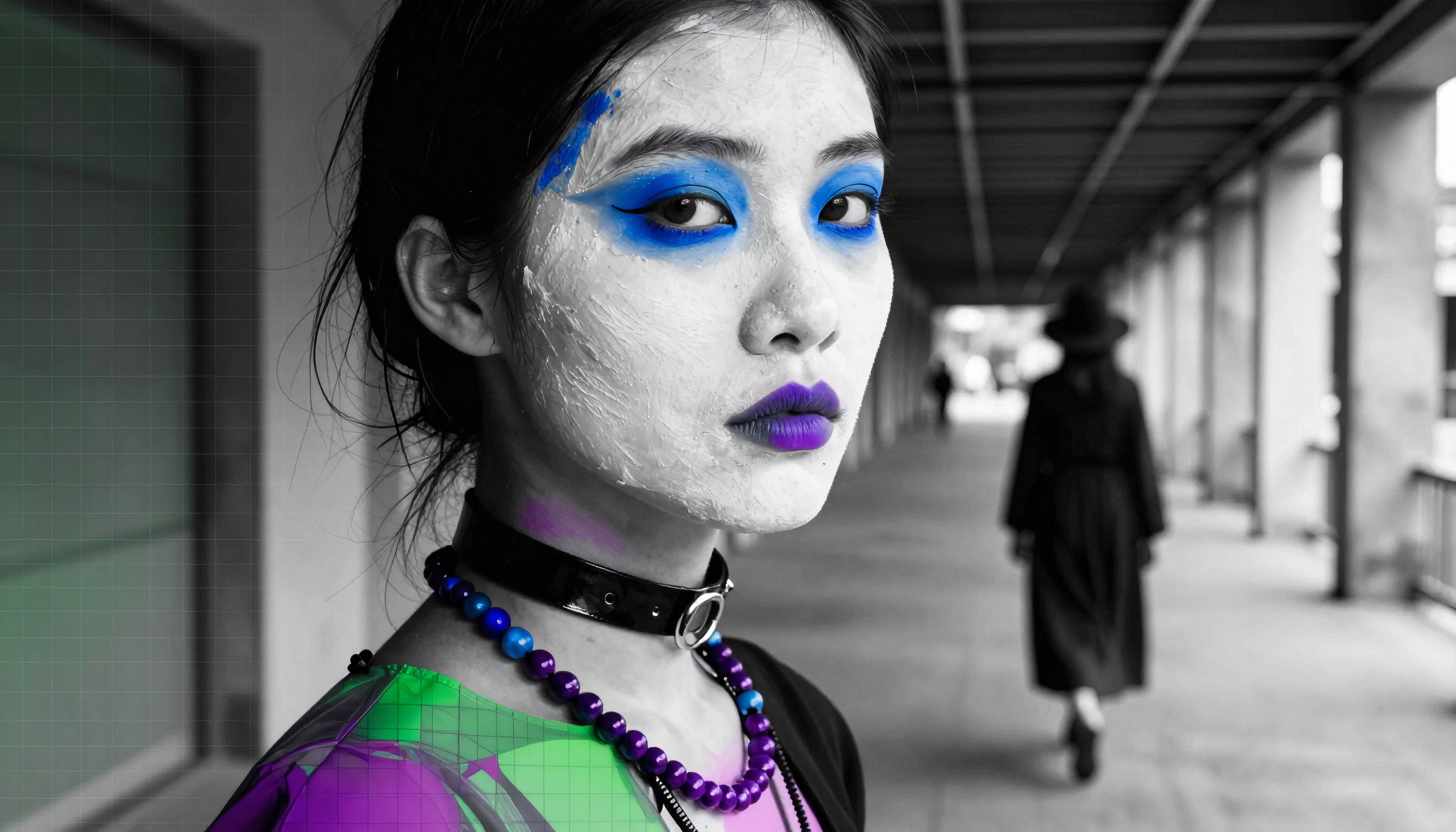 Woman with vibrant makeup in a black and white urban setting.