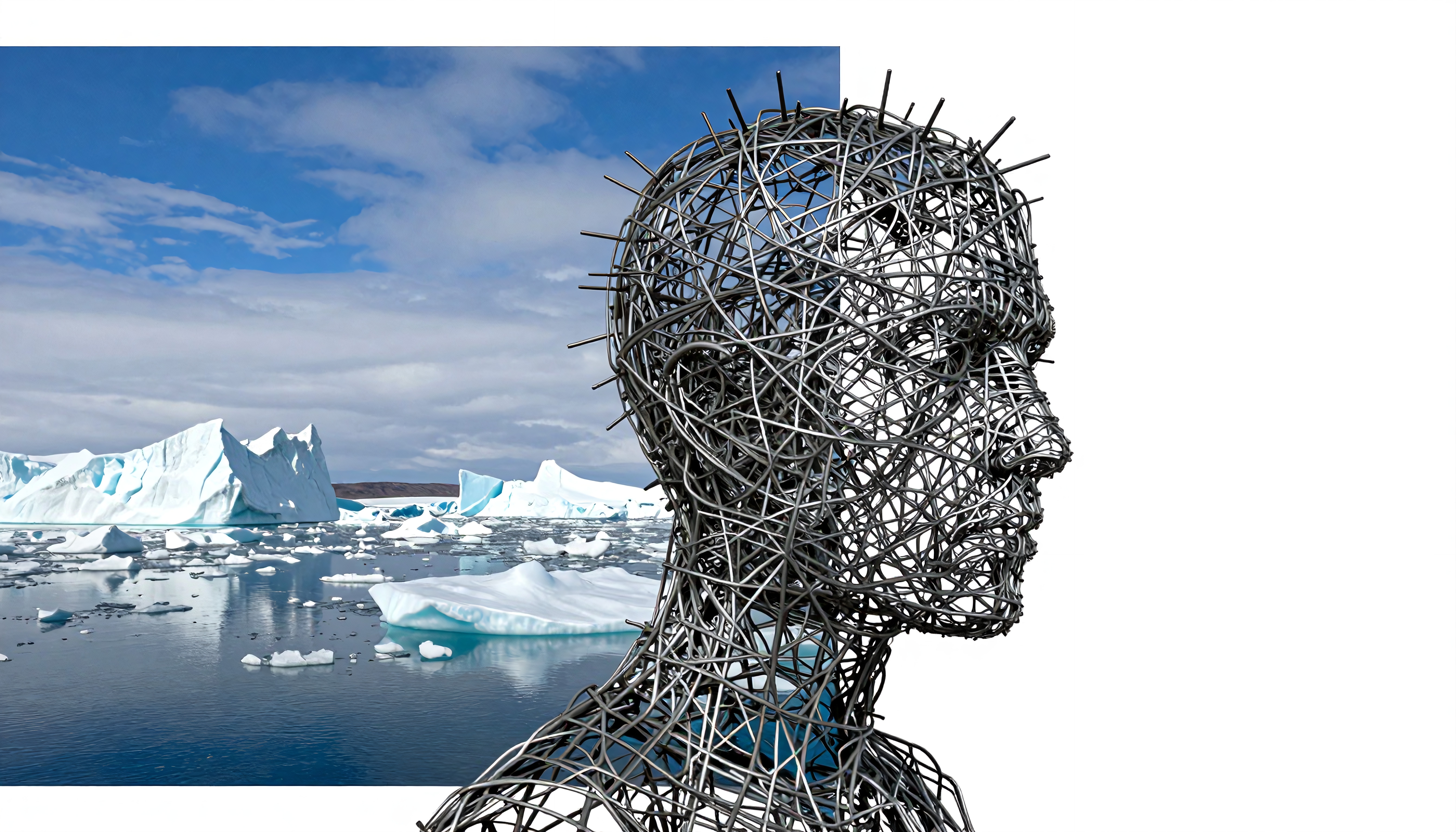 A metal head sculpture with icy landscape backdrop featuring icebergs and water.