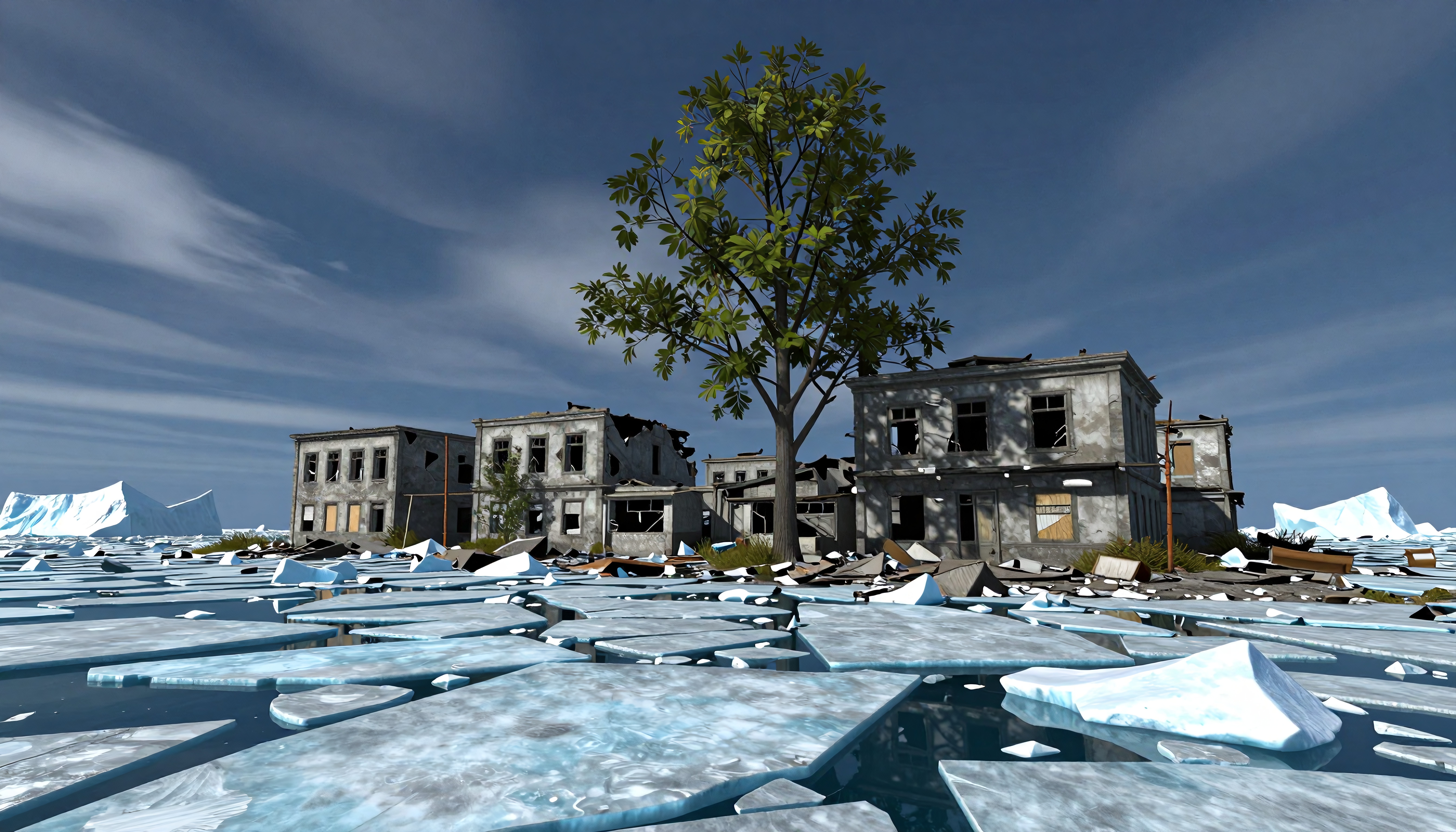 An abandoned building amidst icy landscapes.