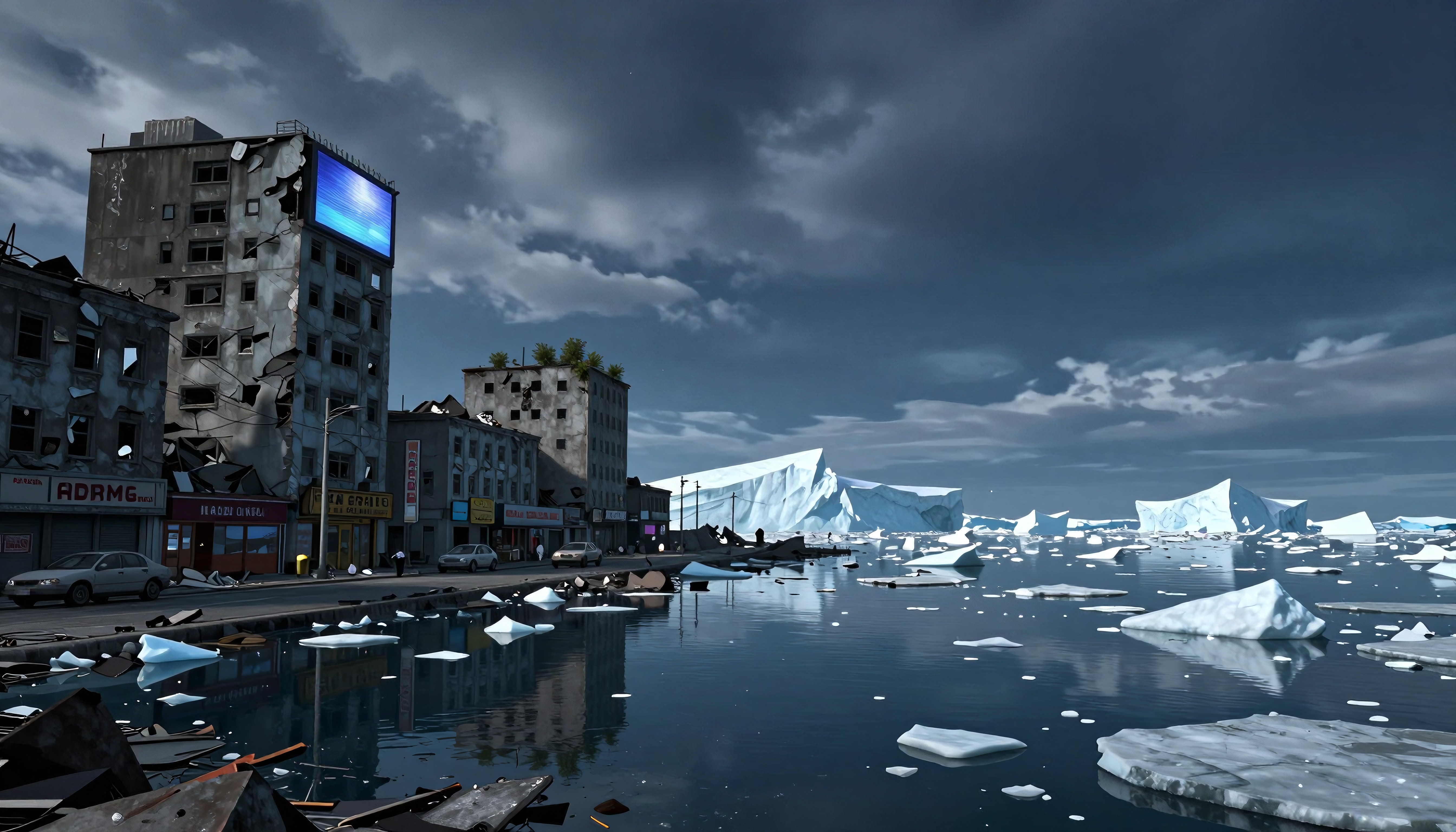 A desolate cityscape with icebergs reflecting on the water, set against an overcast sky, suggesting urban decay and environmental themes.