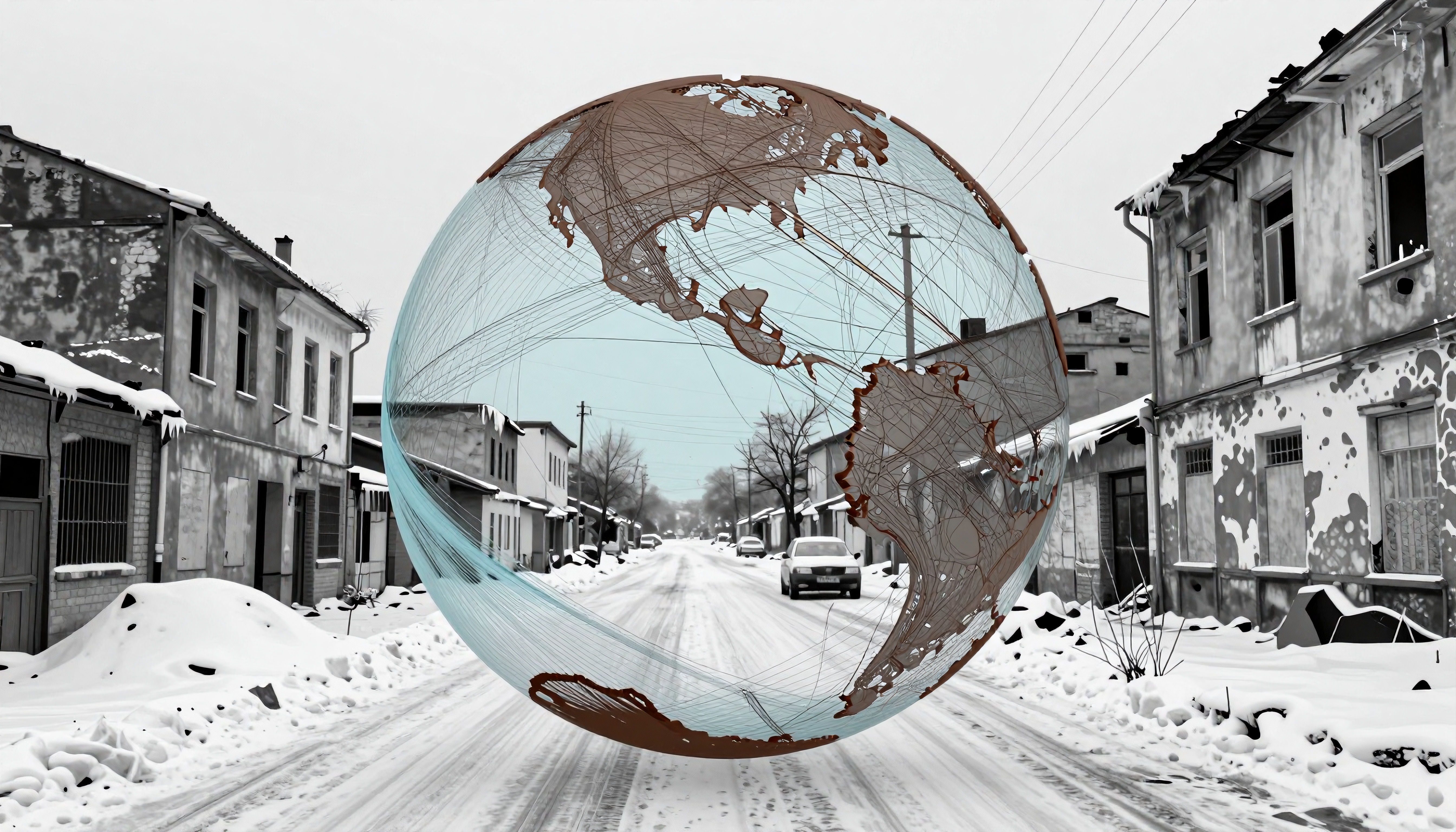 A large translucent globe floats in a snowy street, merging global and local elements in a surreal winter scene.
