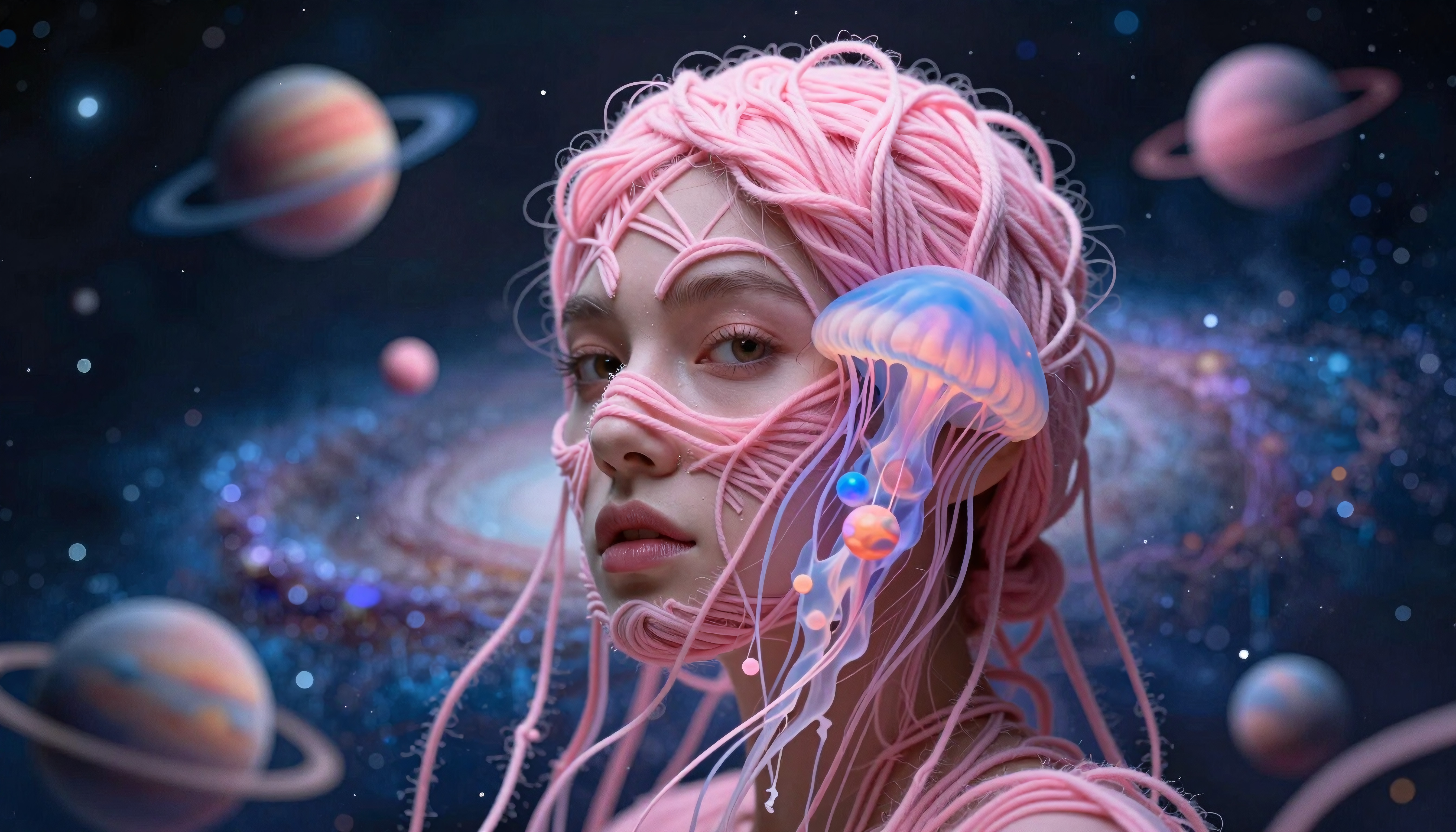 Surreal portrayal of a woman with pink tendrils in a cosmic, underwater-themed setting.