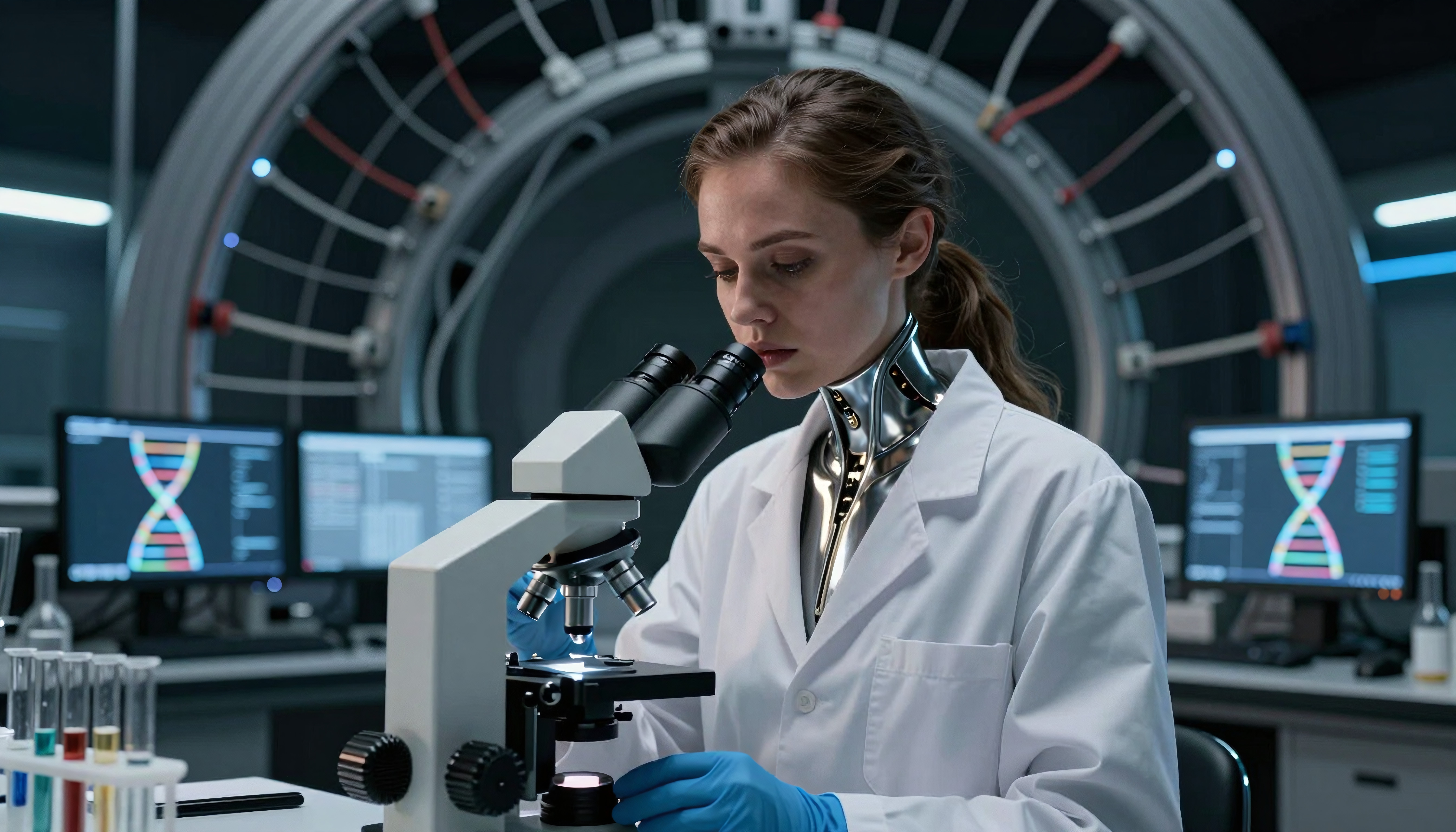 Futuristic laboratory scene with robotic scientist examining samples through a microscope.