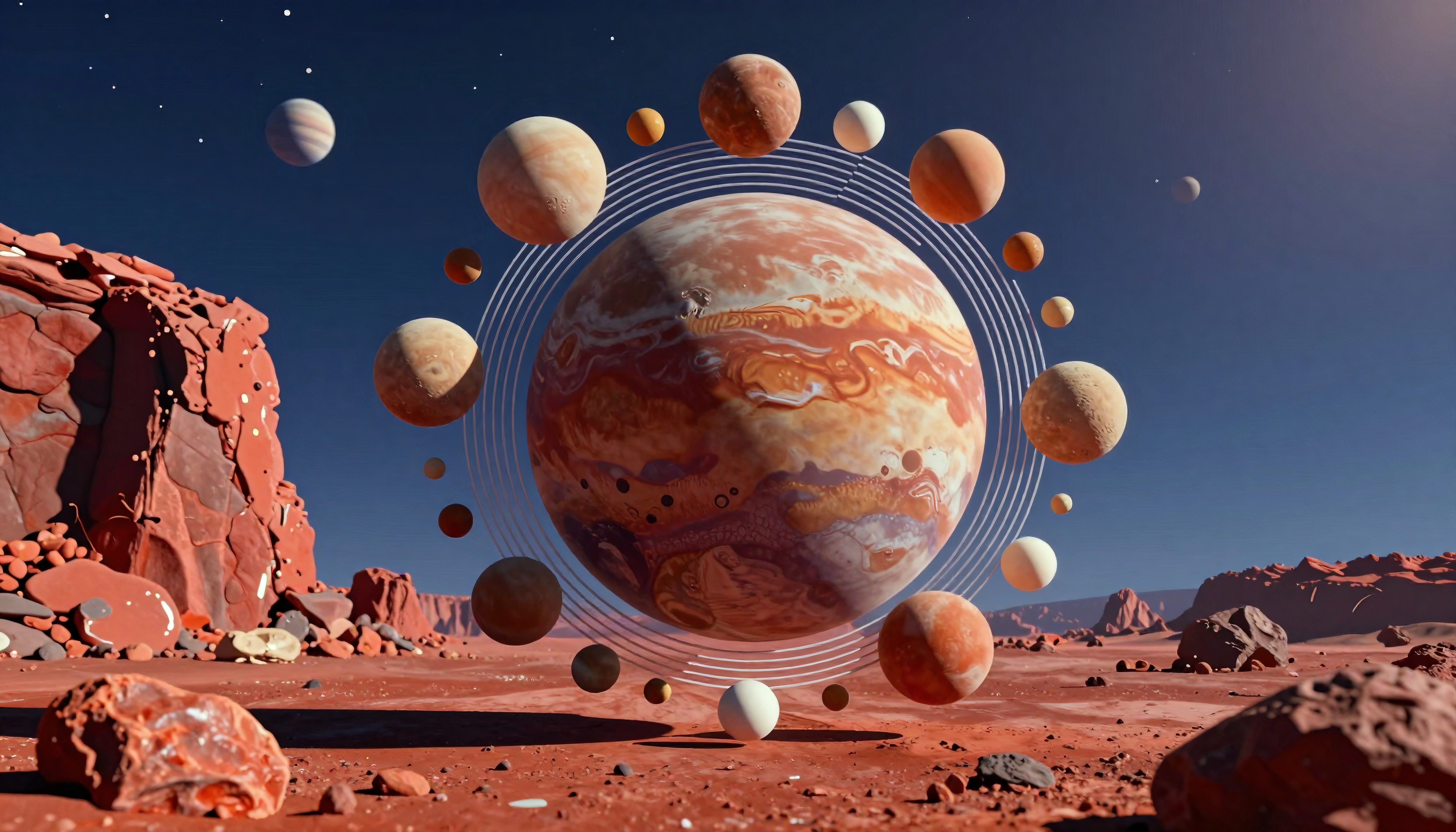 A swirling planet surrounded by smaller celestial bodies, against a rocky Martian landscape and deep blue sky, illustrating cosmic vastness.