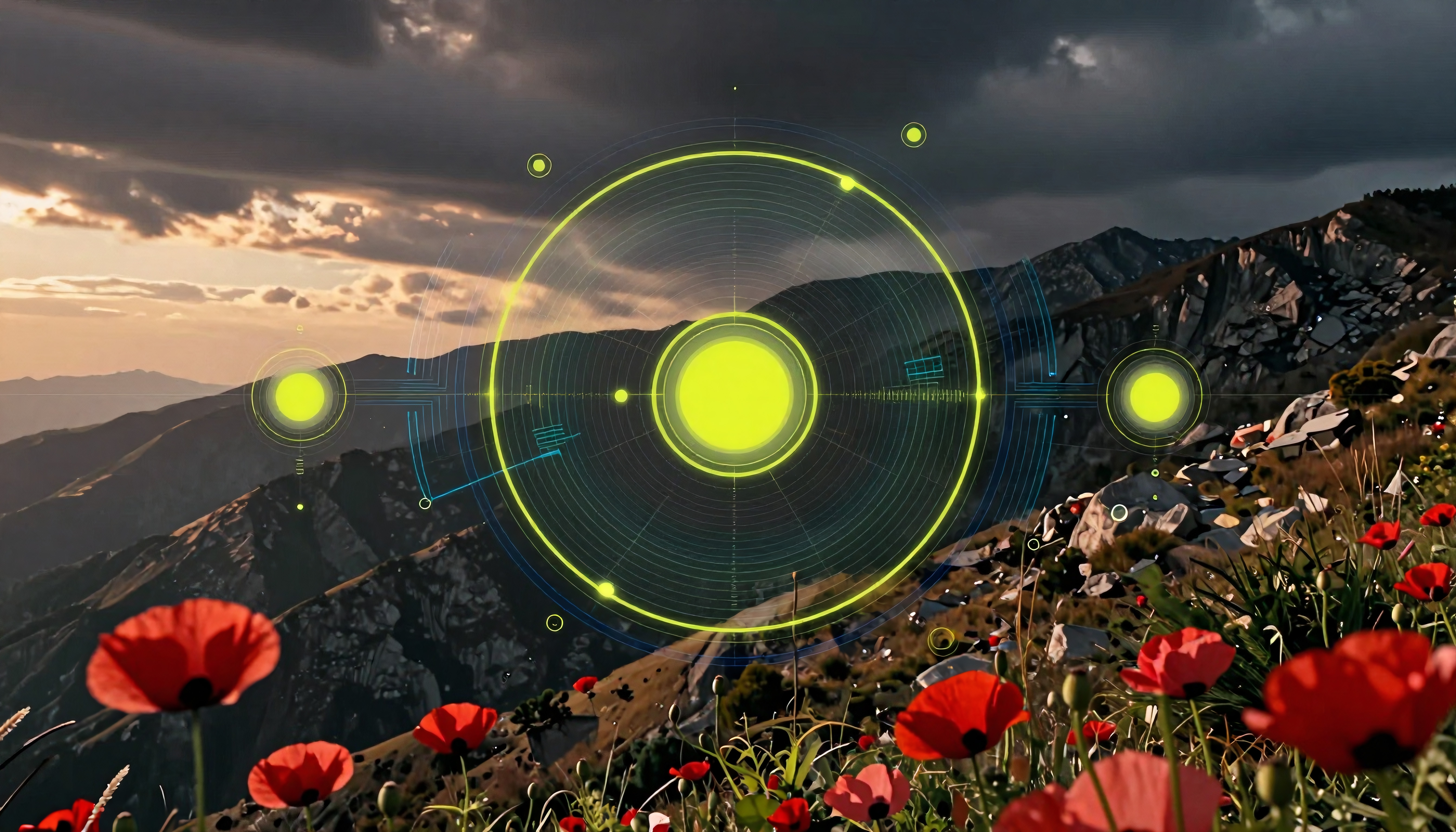 Mountain landscape with poppies and futuristic digital overlay during sunset.
