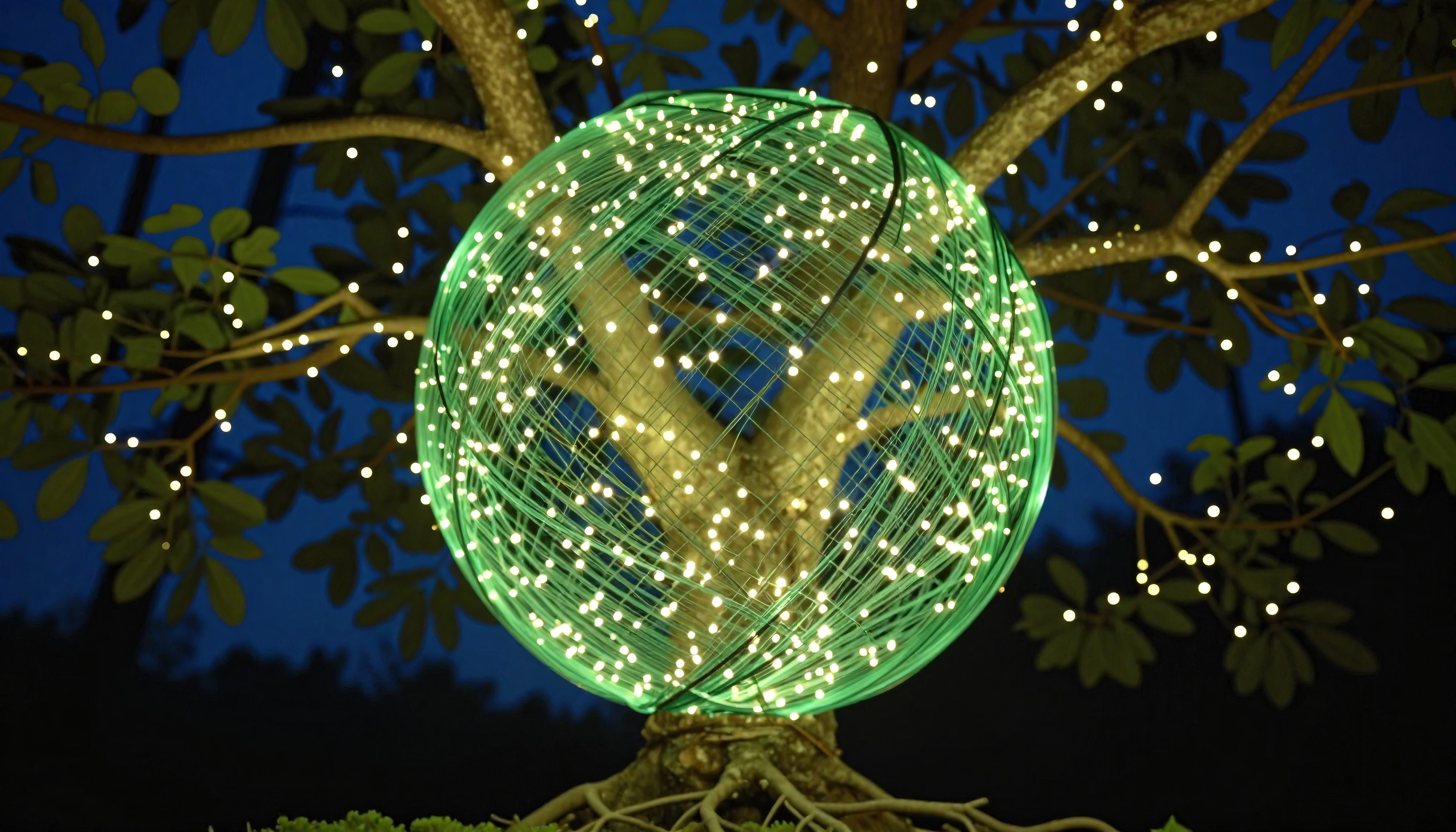 Glowing Green Sphere Light Installation on Tree at Night