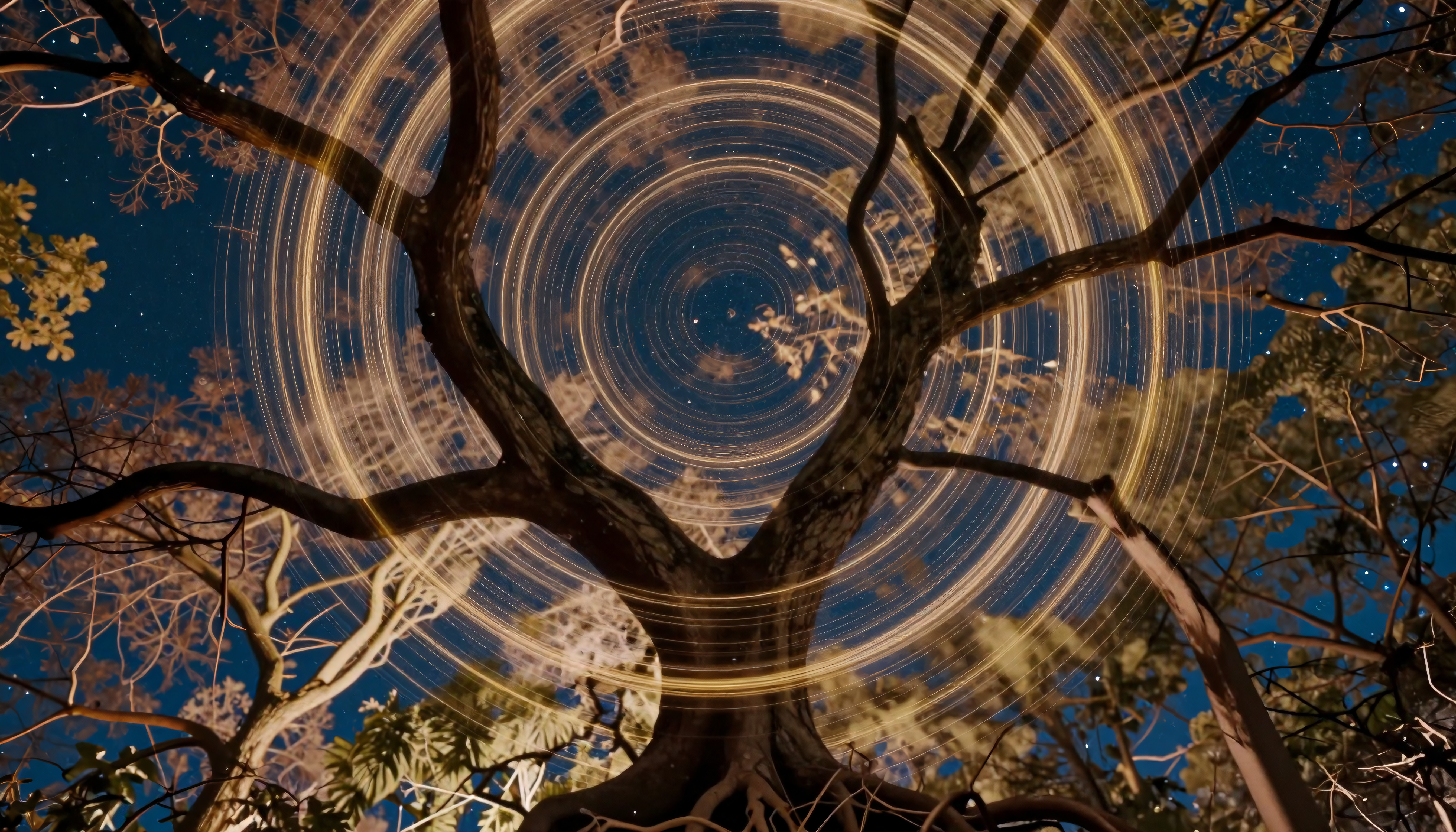 Mystical Star Trails Overhead a Grand Tree Silhouette at Night