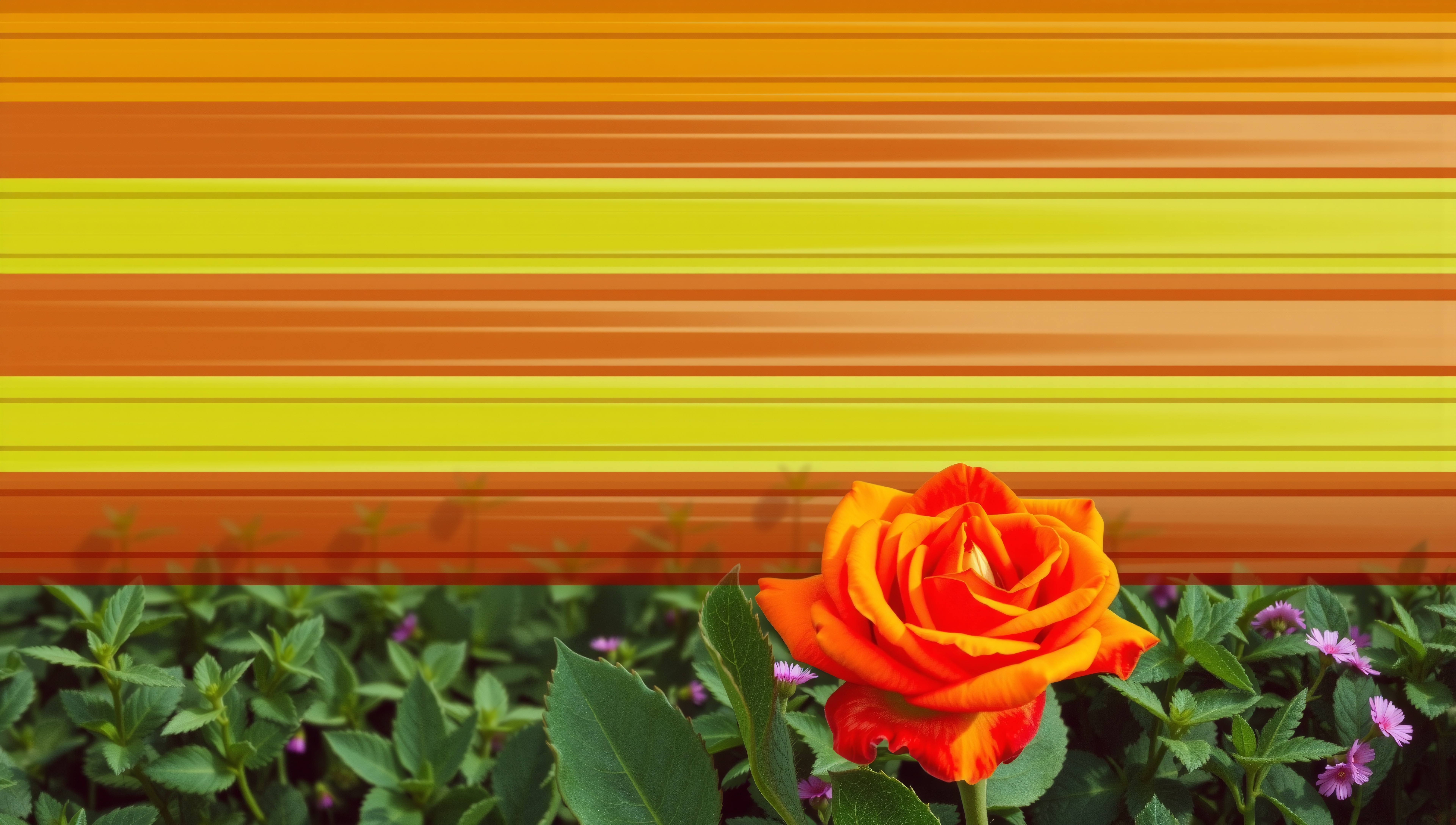 Bright orange rose with green leaves and abstract striped background in vibrant colors.