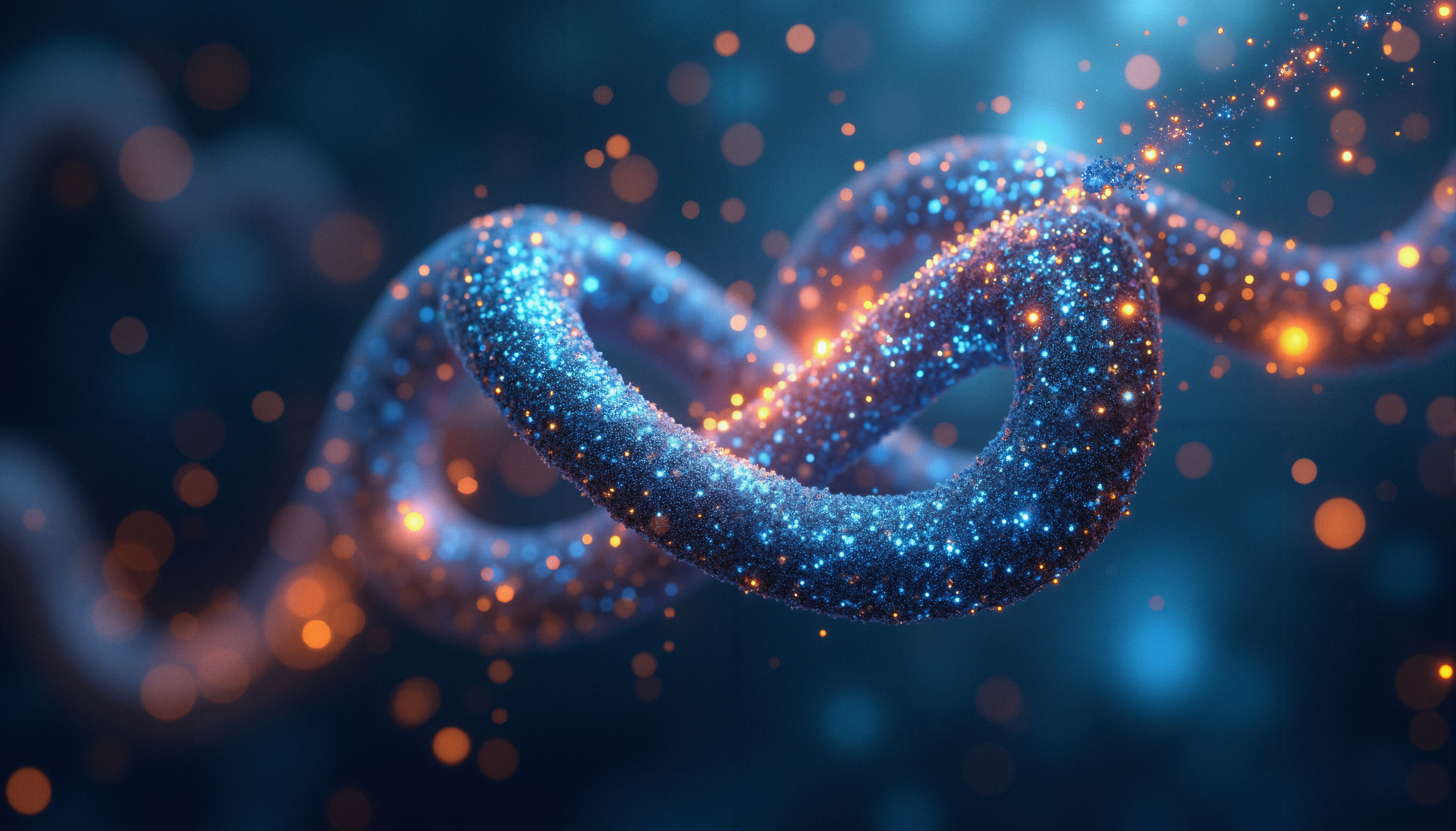 Abstract helix with blue and orange particles, cosmic bokeh background for science or tech imagery