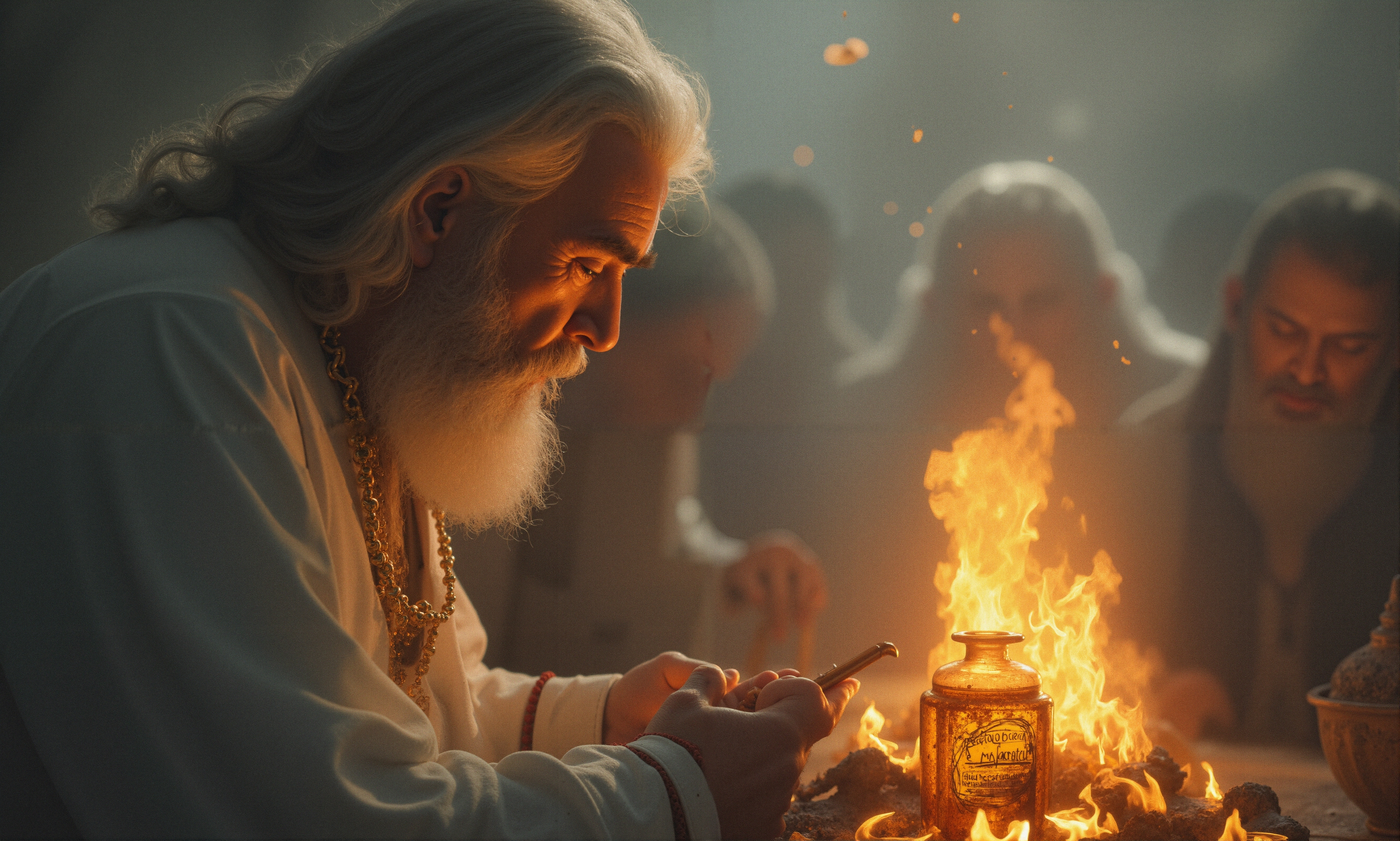 A man with long white hair is focused on a phone beside a glowing flame.