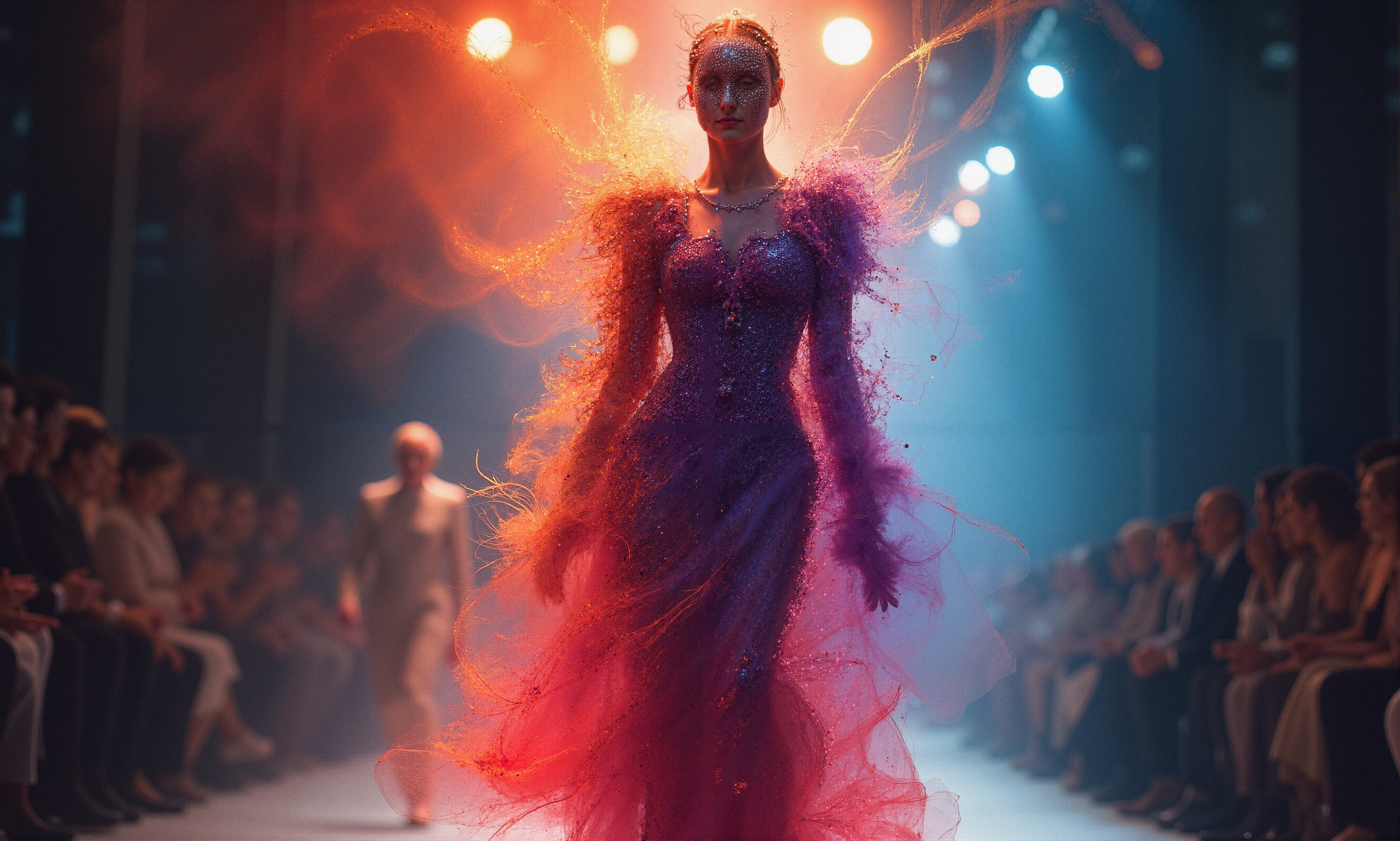 A model in a dazzling pink and purple dress walks a vibrant runway, captivating onlookers.