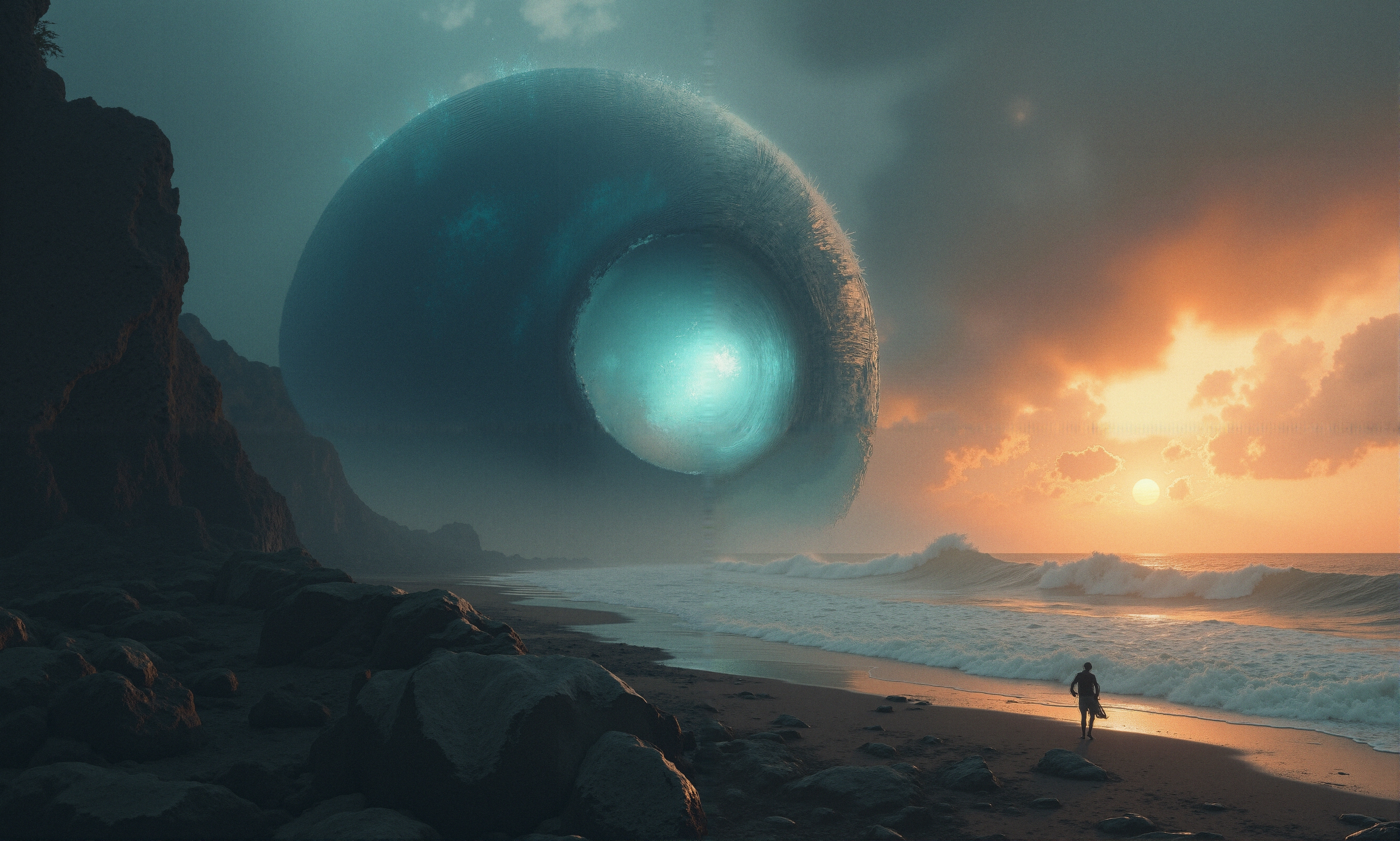 A mysterious glowing sphere hovers over a beach at sunset.