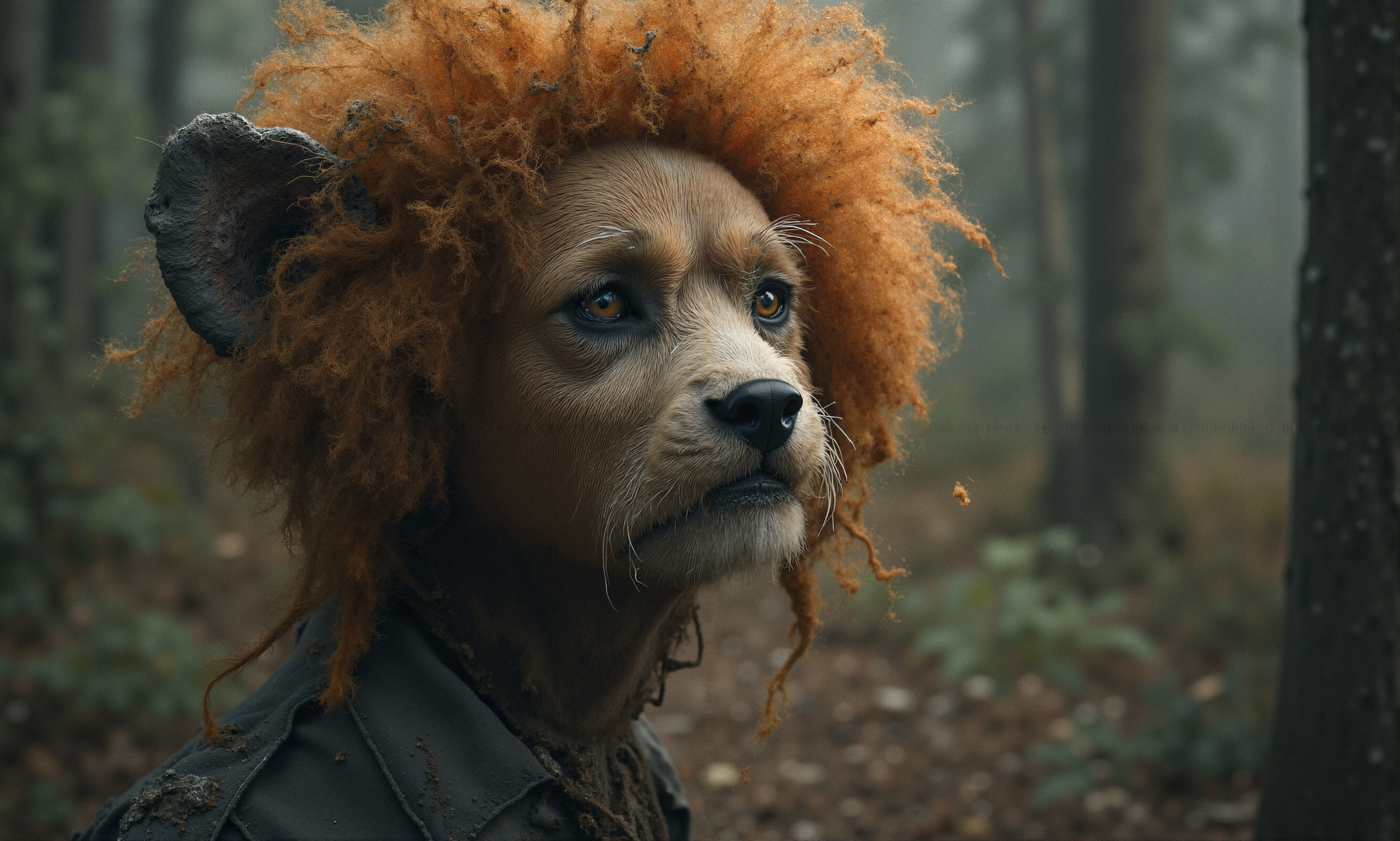 A fantastical creature with dog-like features and rust-colored hair in a misty forest setting.