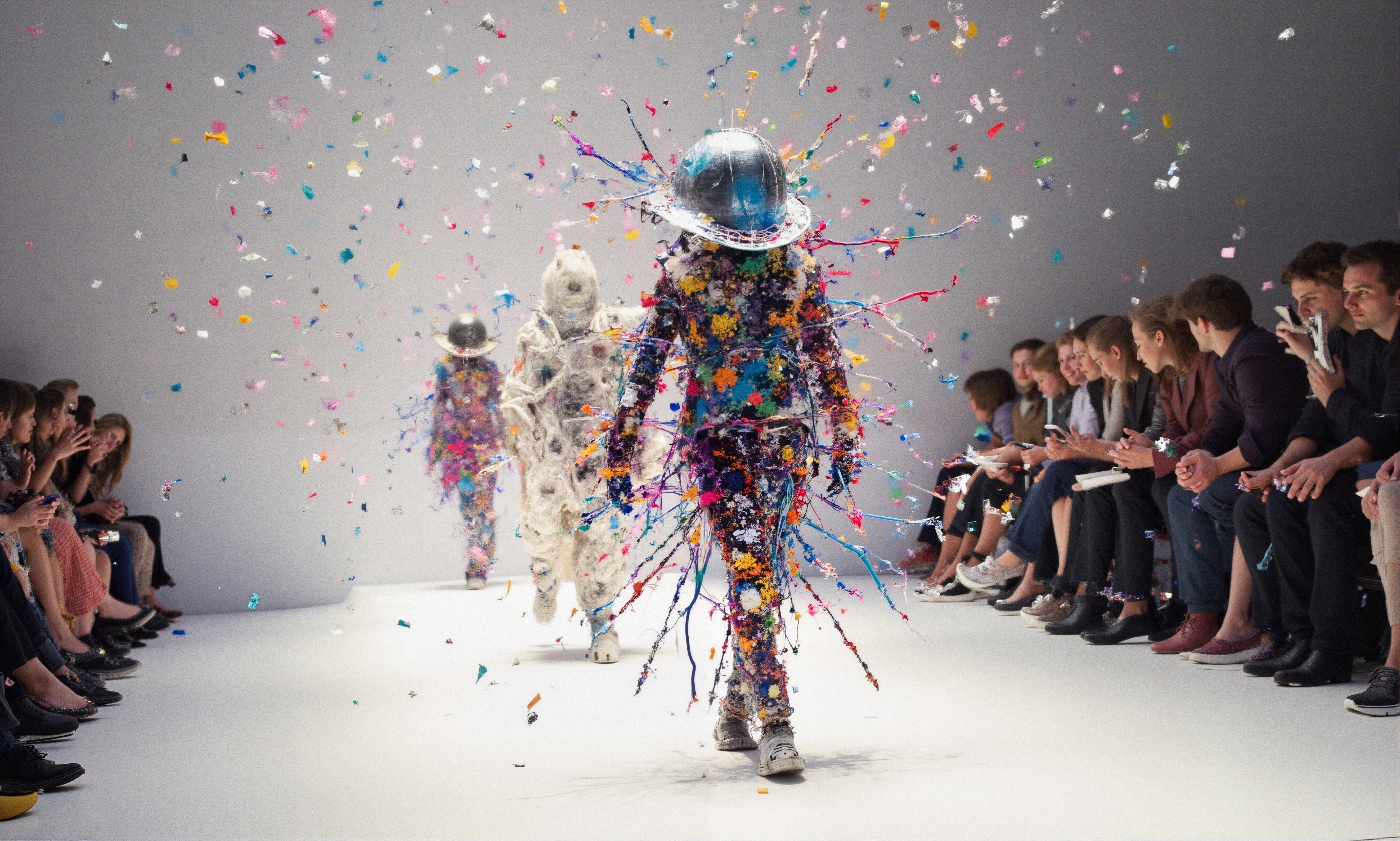 Avant-garde fashion show with colorful, futuristic designs.