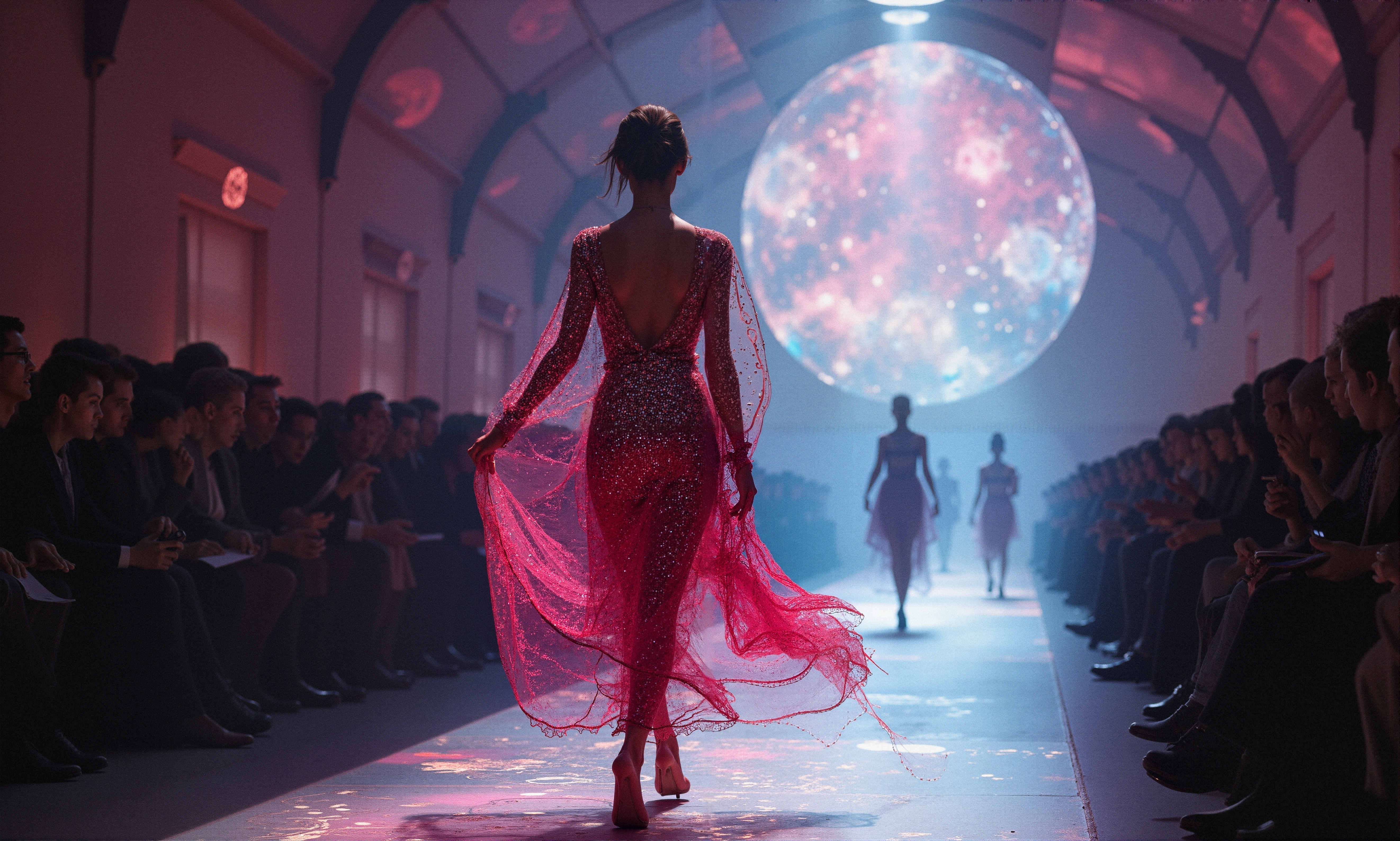 Model in red gown walks runway under ethereal lighting in futuristic setting filled with an attentive audience.