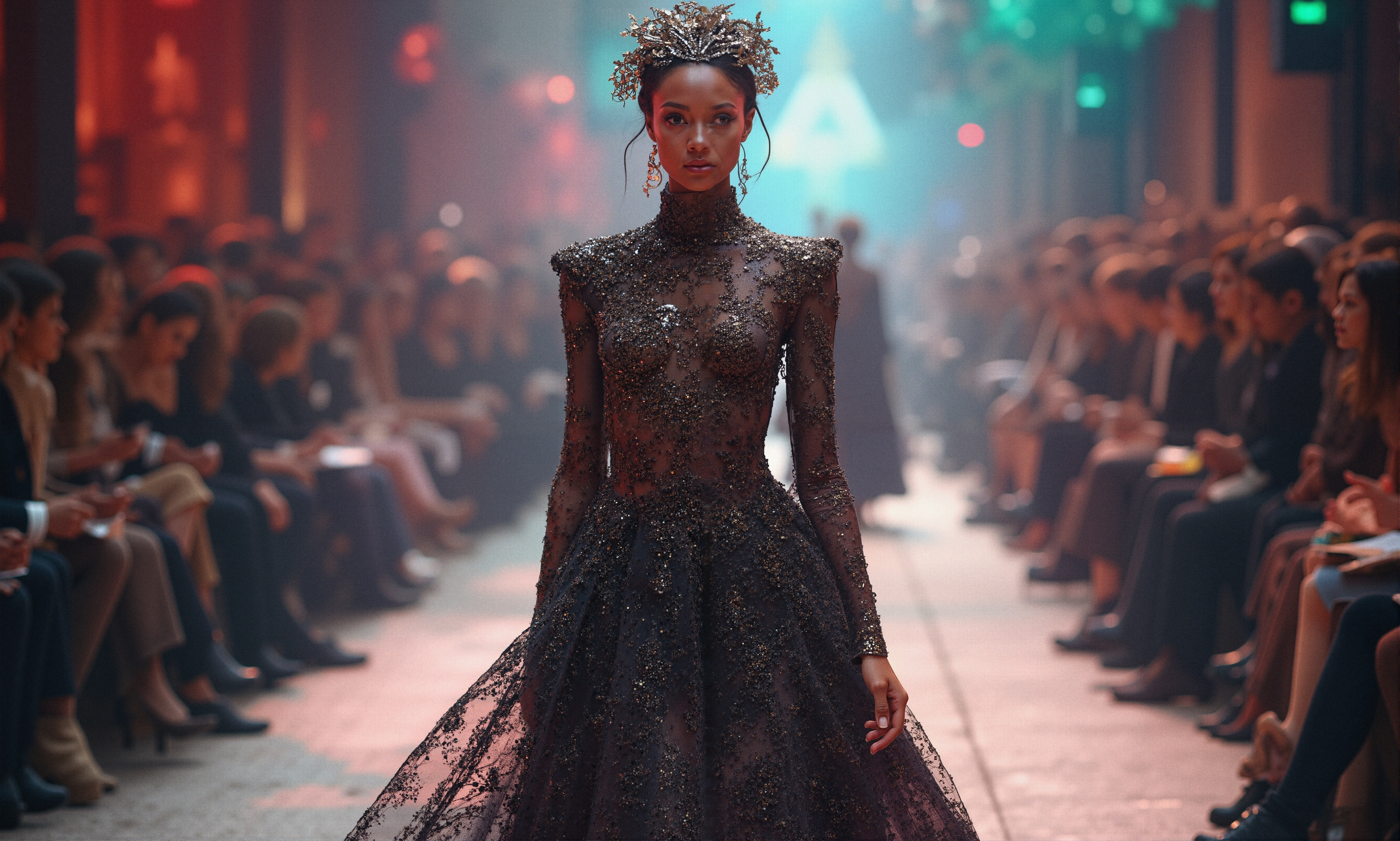 A model in an embellished black gown with crown gracefully walks the runway during an elegant fashion show.