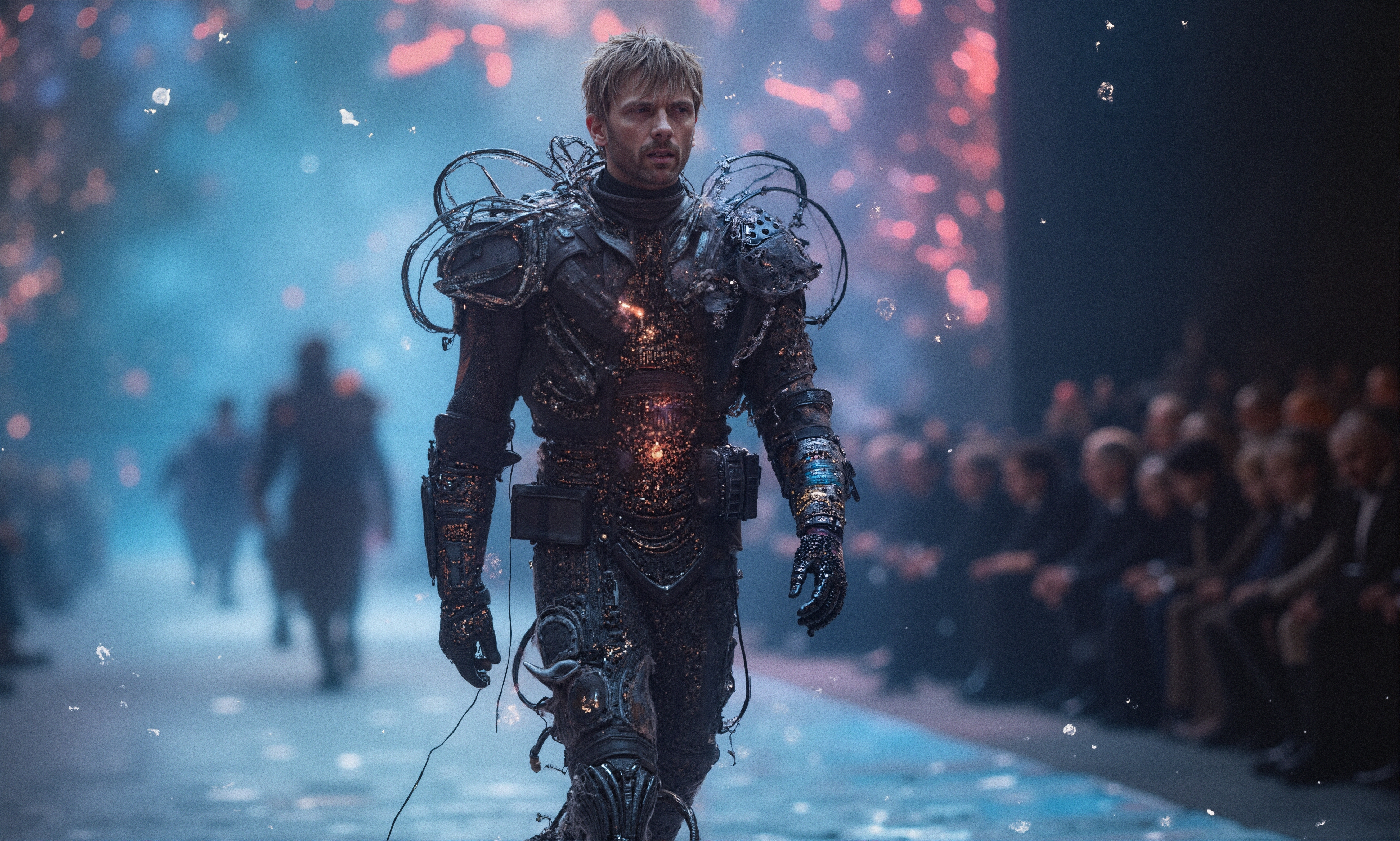 A man in futuristic armor walks down a runway, surrounded by a crowd and sparkling lights.