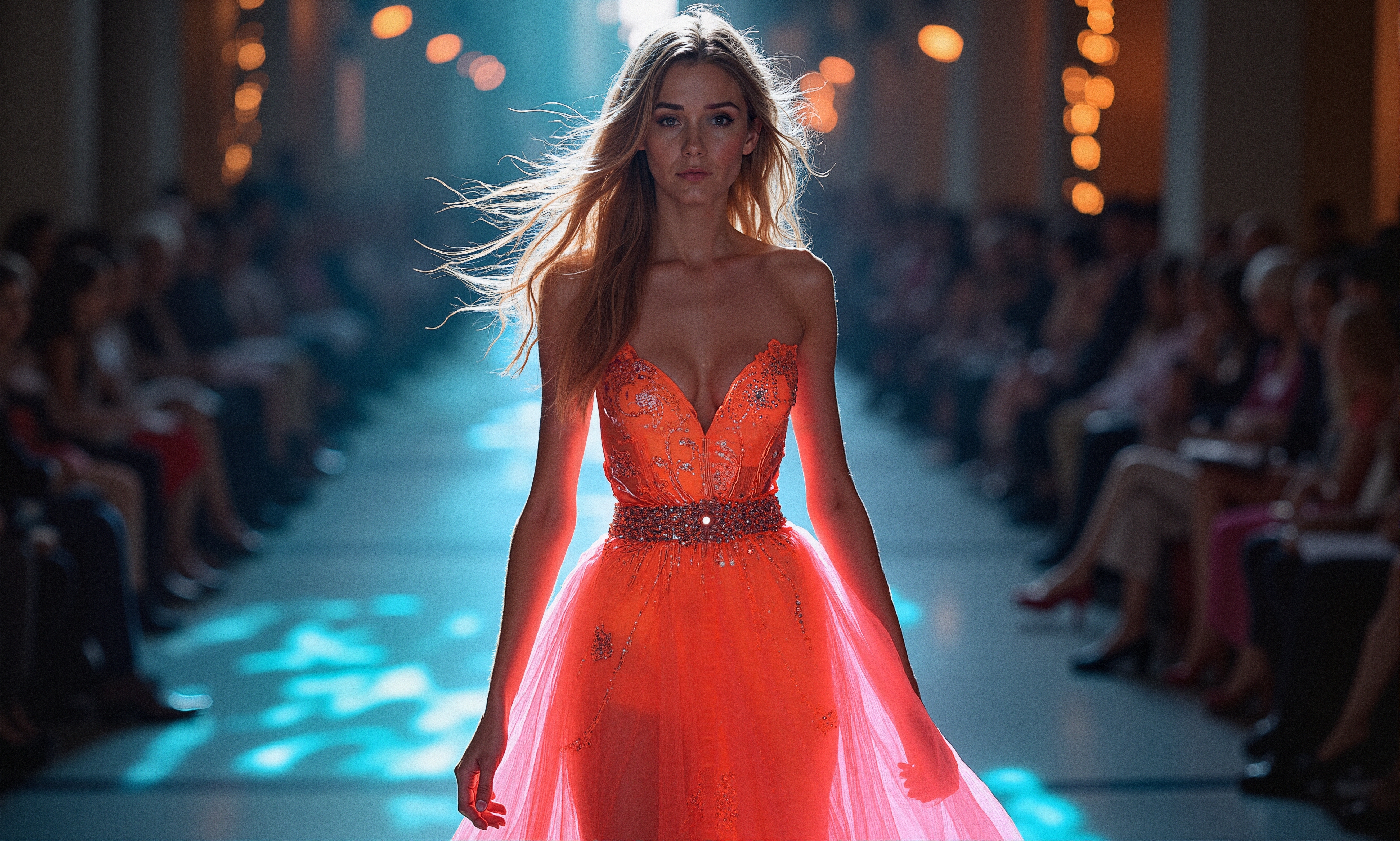 Model on runway in vibrant, embellished orange dress.