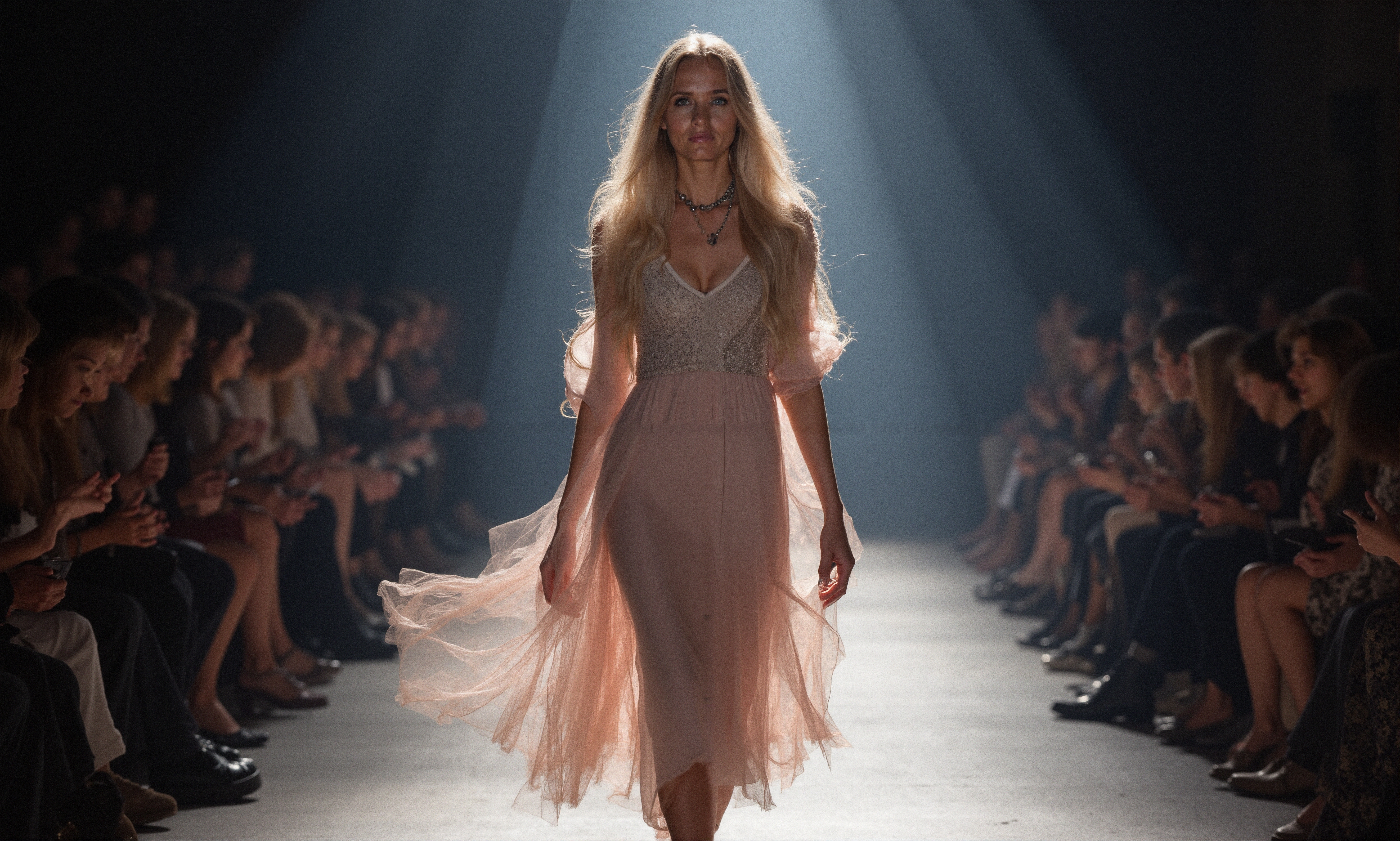 Elegant model in pink gown walking runway during fashion show.