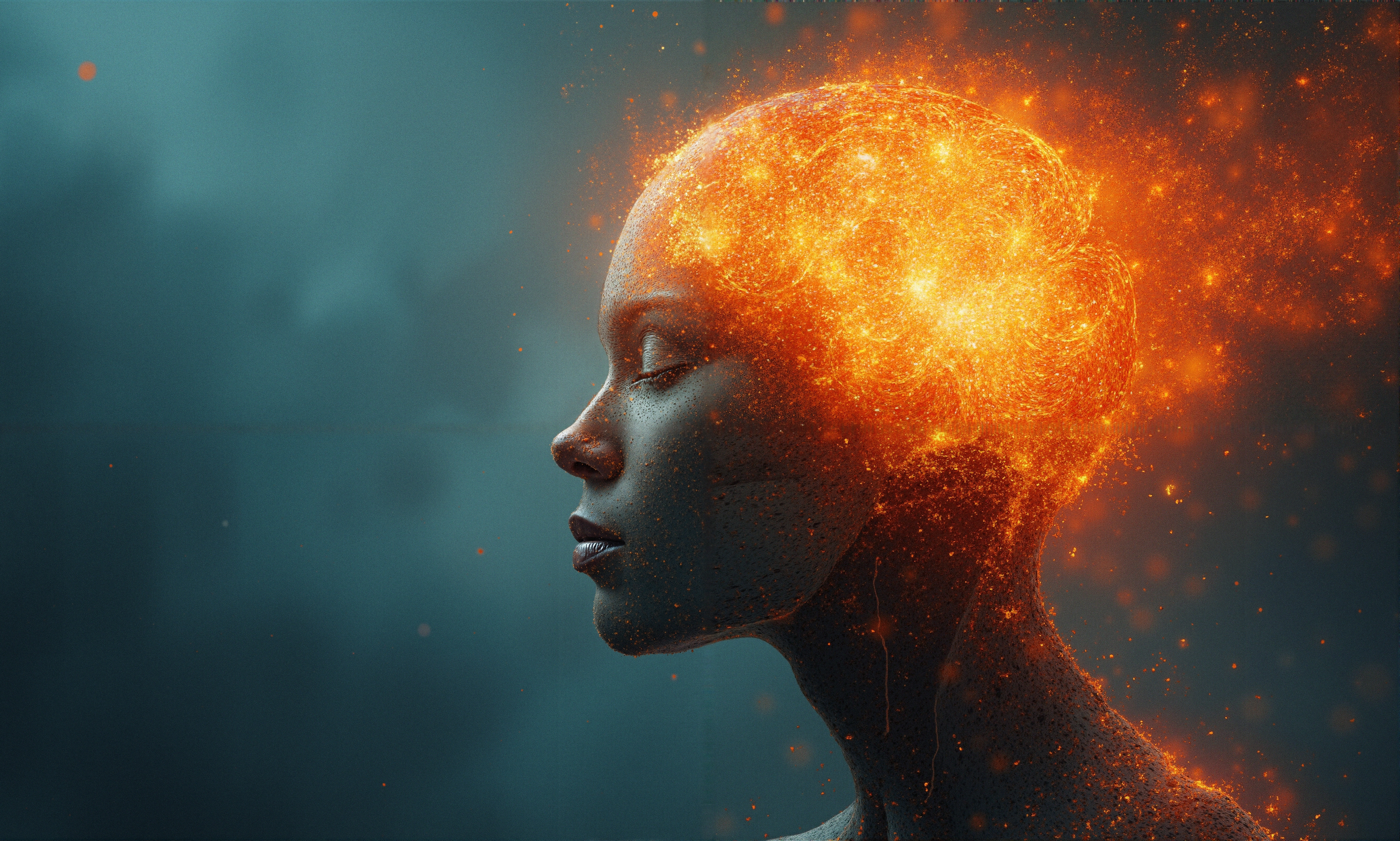 Abstract concept of a glowing, fiery brain in profile view.