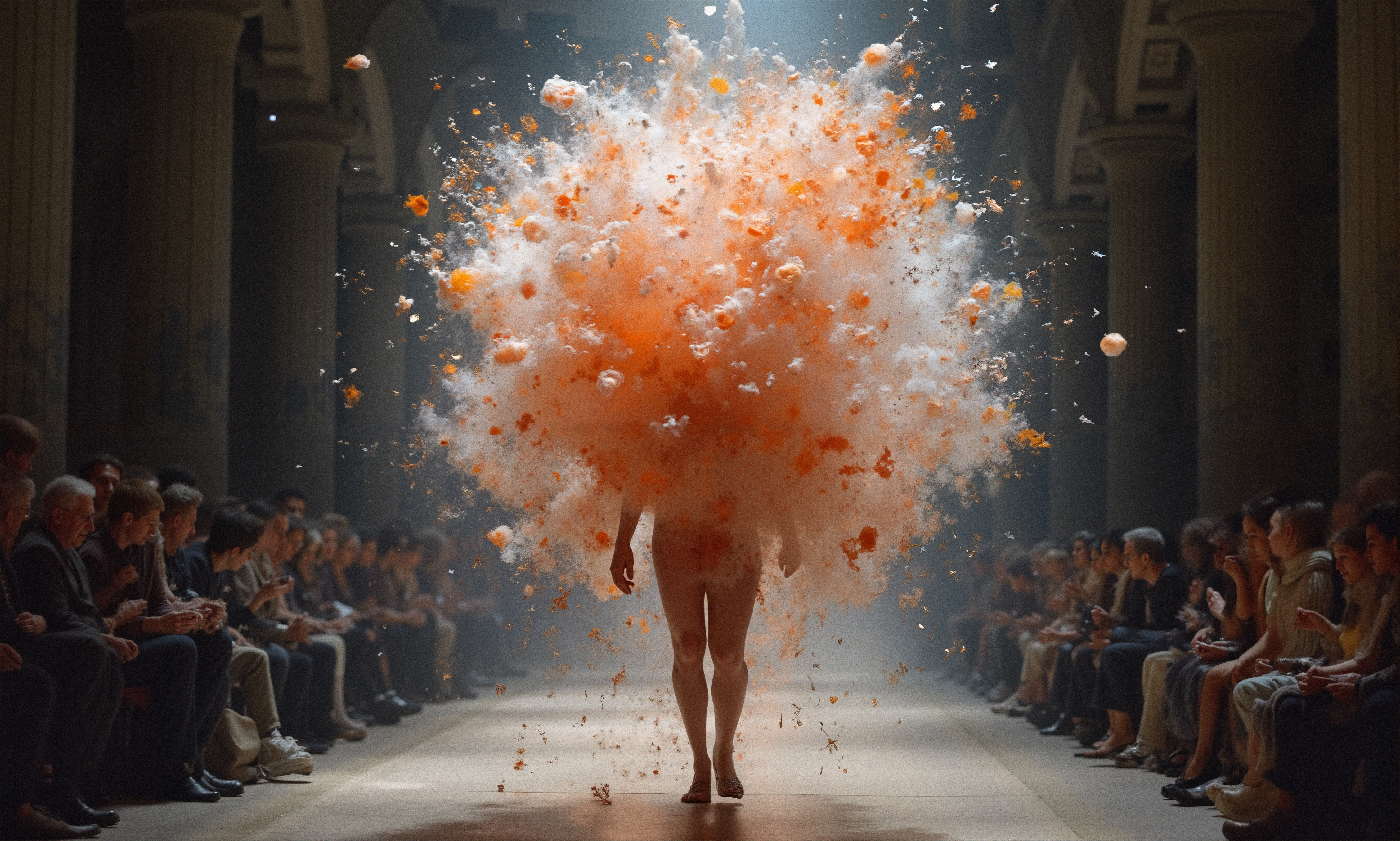 Model walking runway in exploding orange-white particle costume during fashion show