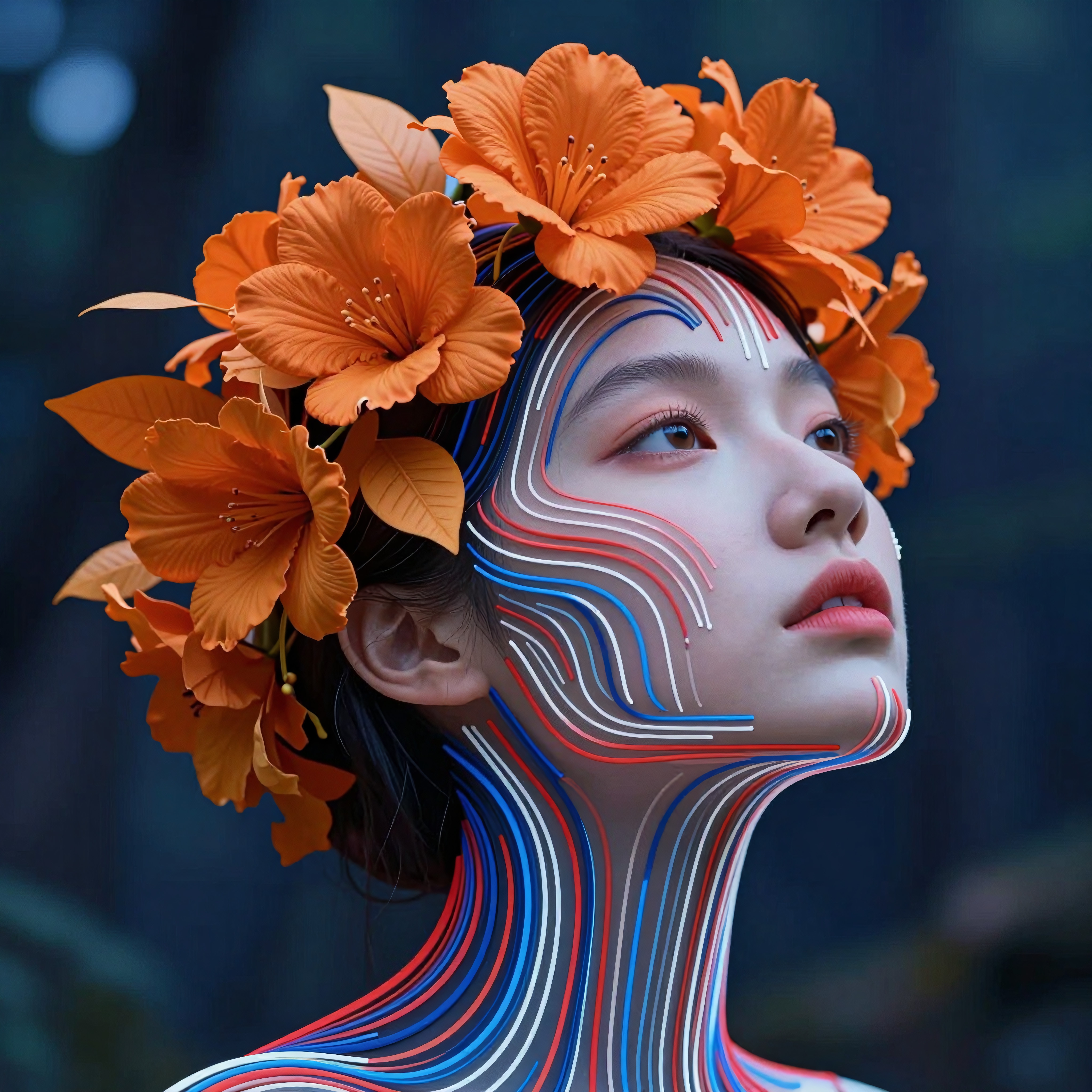 Woman with orange floral headpiece and artistic line design on face.