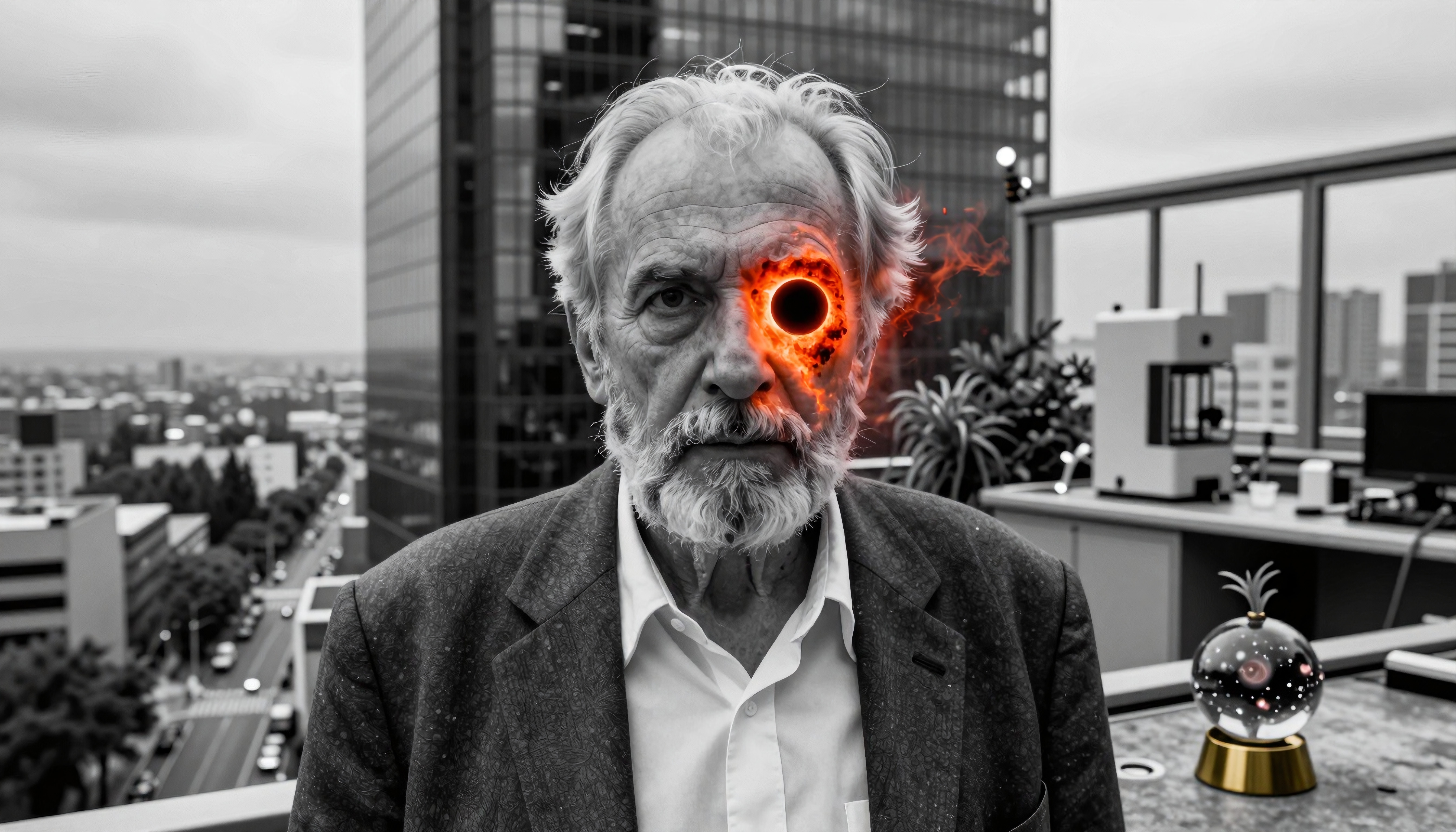 An elderly man on a rooftop with a fiery black hole eye in an urban setting.