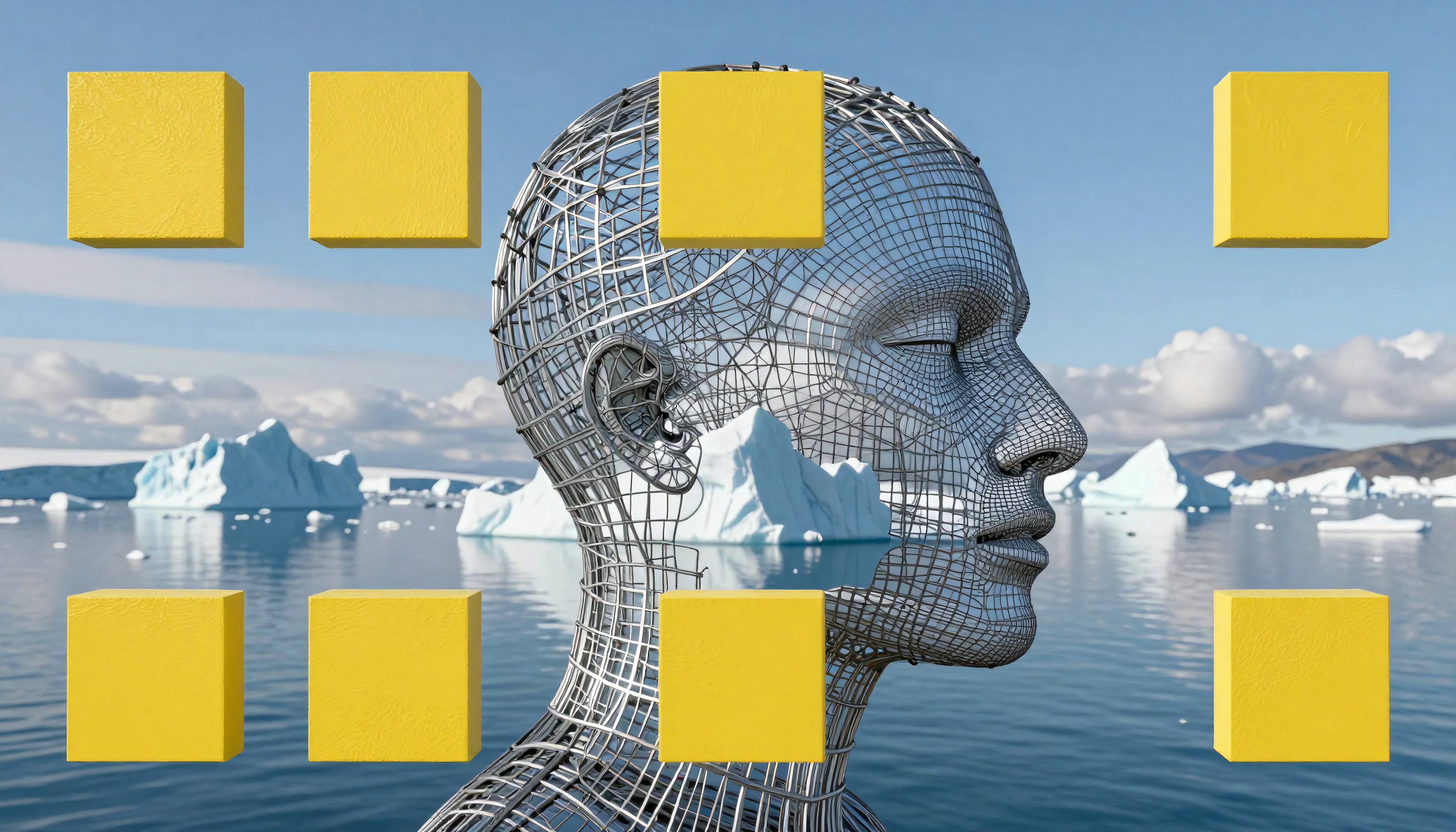 Futuristic wireframe head with icebergs and yellow cubes.