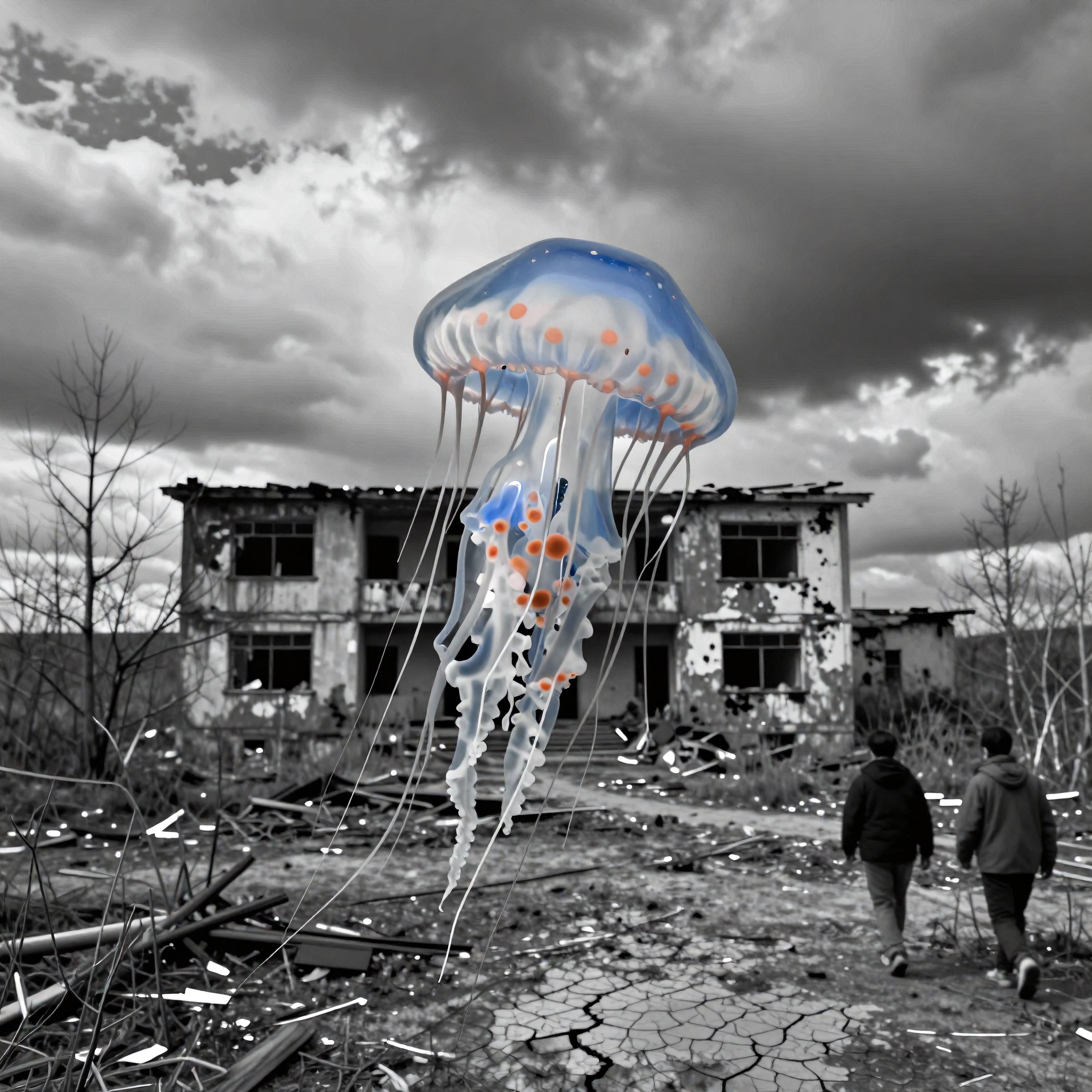 A vibrant jellyfish hovers over a monochrome, abandoned urban landscape, creating a surreal contrast.