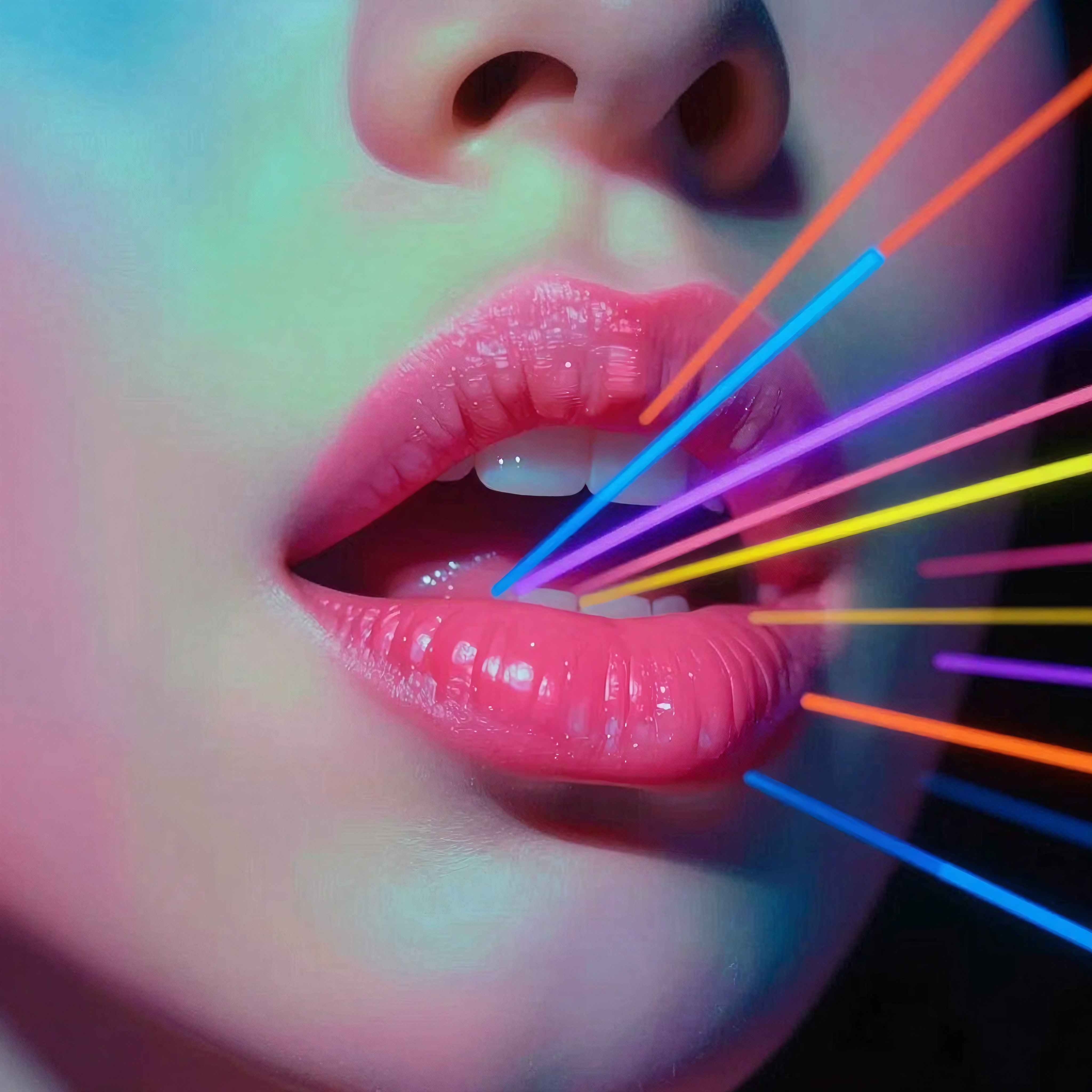 Close-up of glossy pink lips with vibrant neon lines emerging, creating a futuristic and artistic dynamic effect.