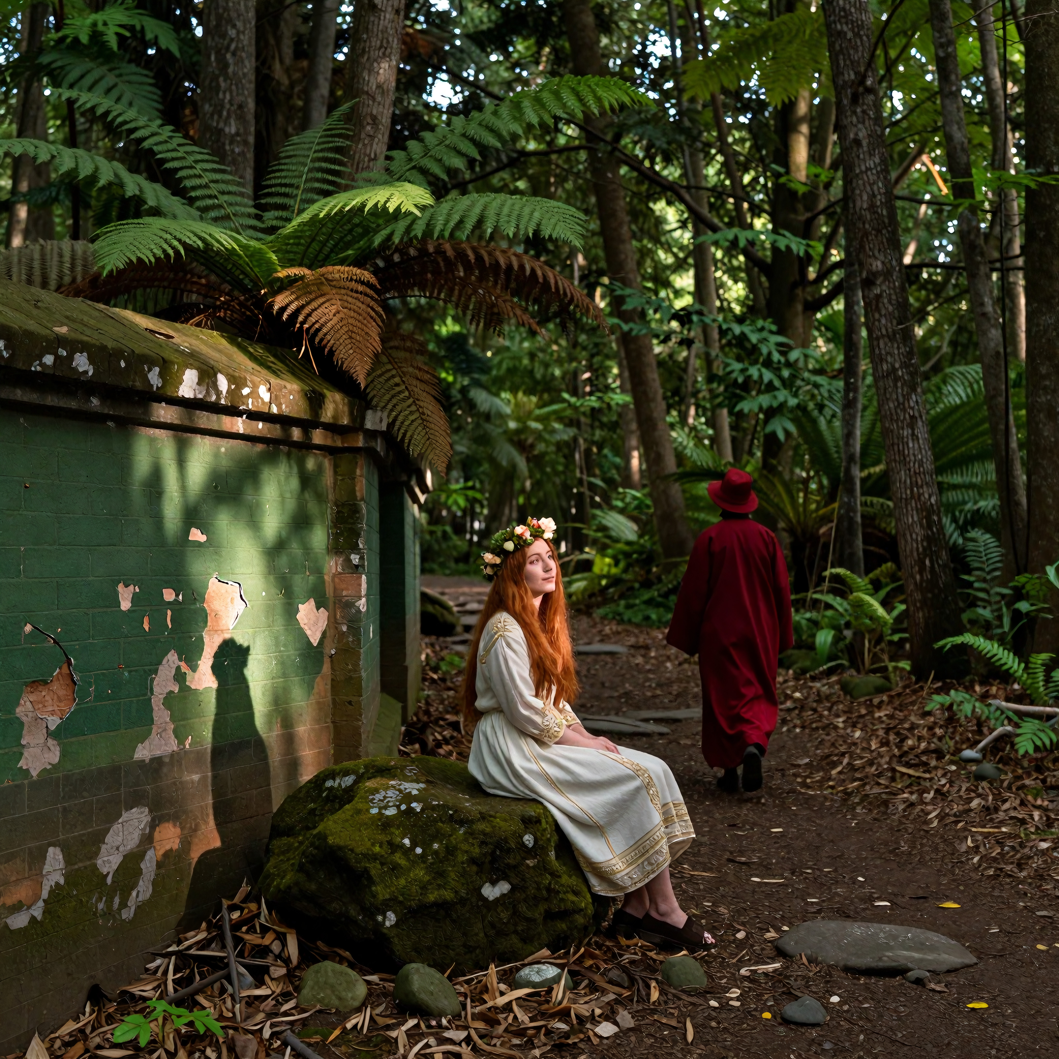Woman in floral crown sitting peacefully near mossy stone in sunlit forest glen wearing ornate white gown as cloaked figure walks away along winding dirt trail surrounded by tall ferns and decaying painted walls
