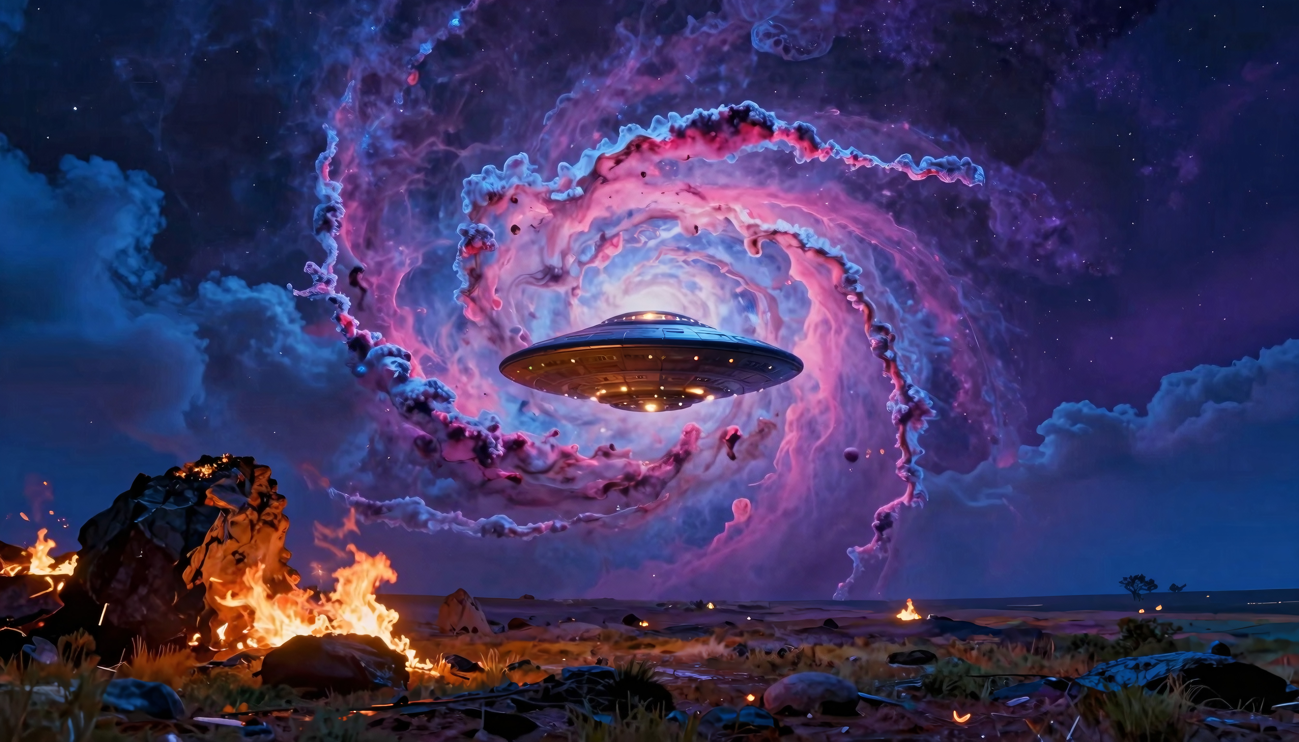 UFO Landing at Dusk: Cinematic Sci-Fi Scene with Celestial Vorte