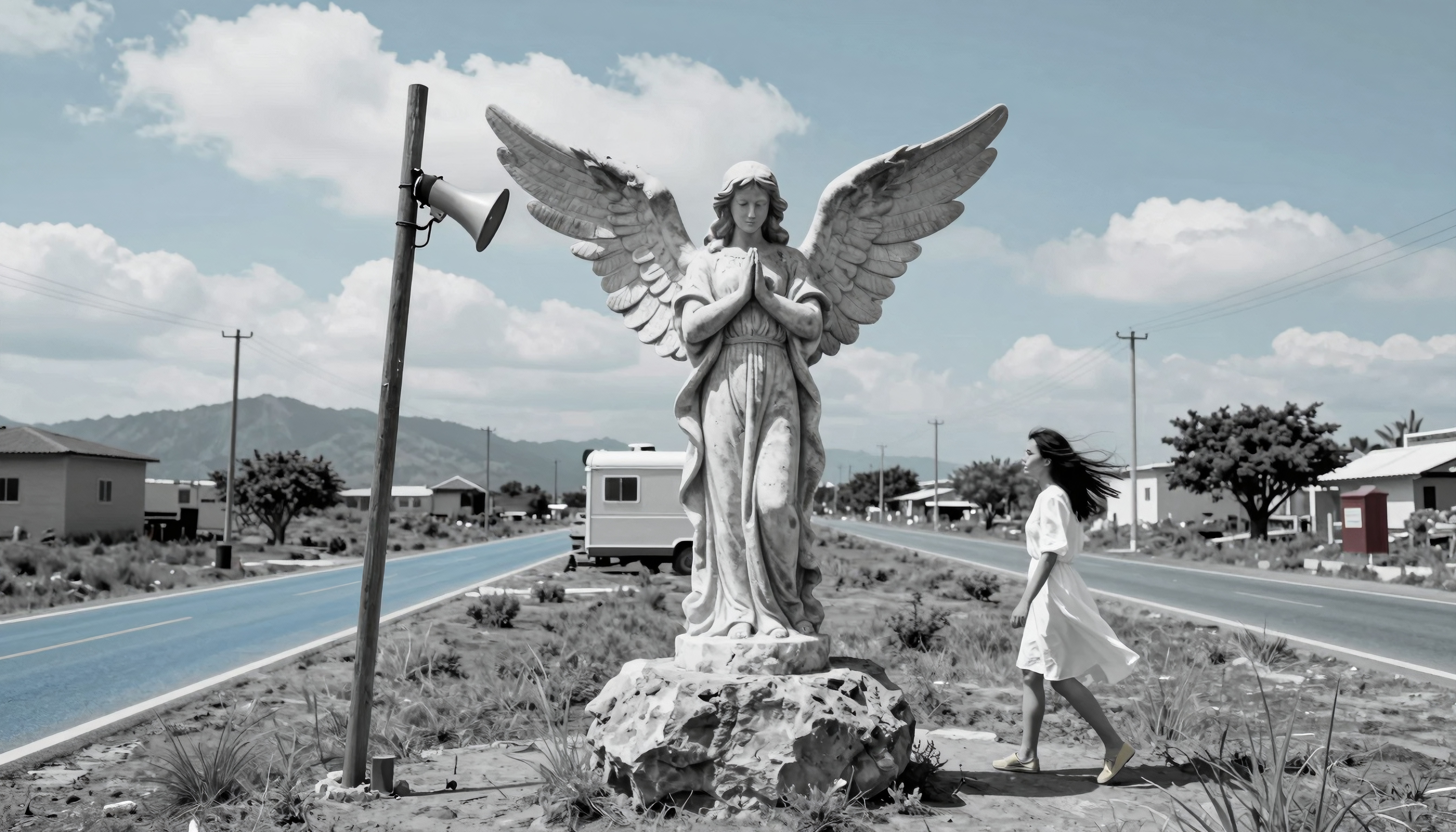 A woman in a white dress walks towards a grand angel statue with outstretched wings on a rural road.