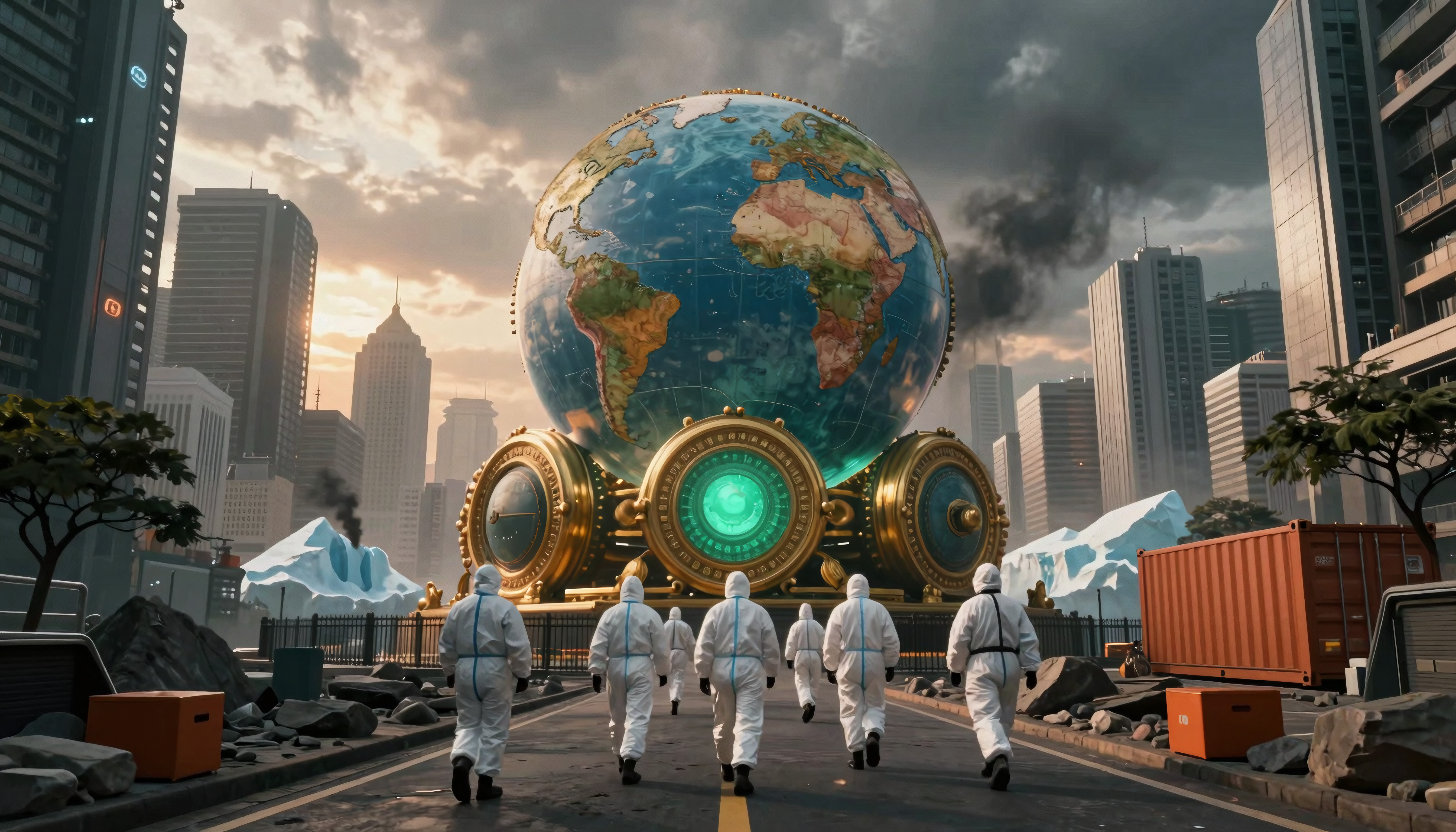 Scientists in hazmat suits approach a giant futuristic Earth globe in a dystopian city with smoke, skyscrapers, and icebergs, symbolizing climate change and global crisis.