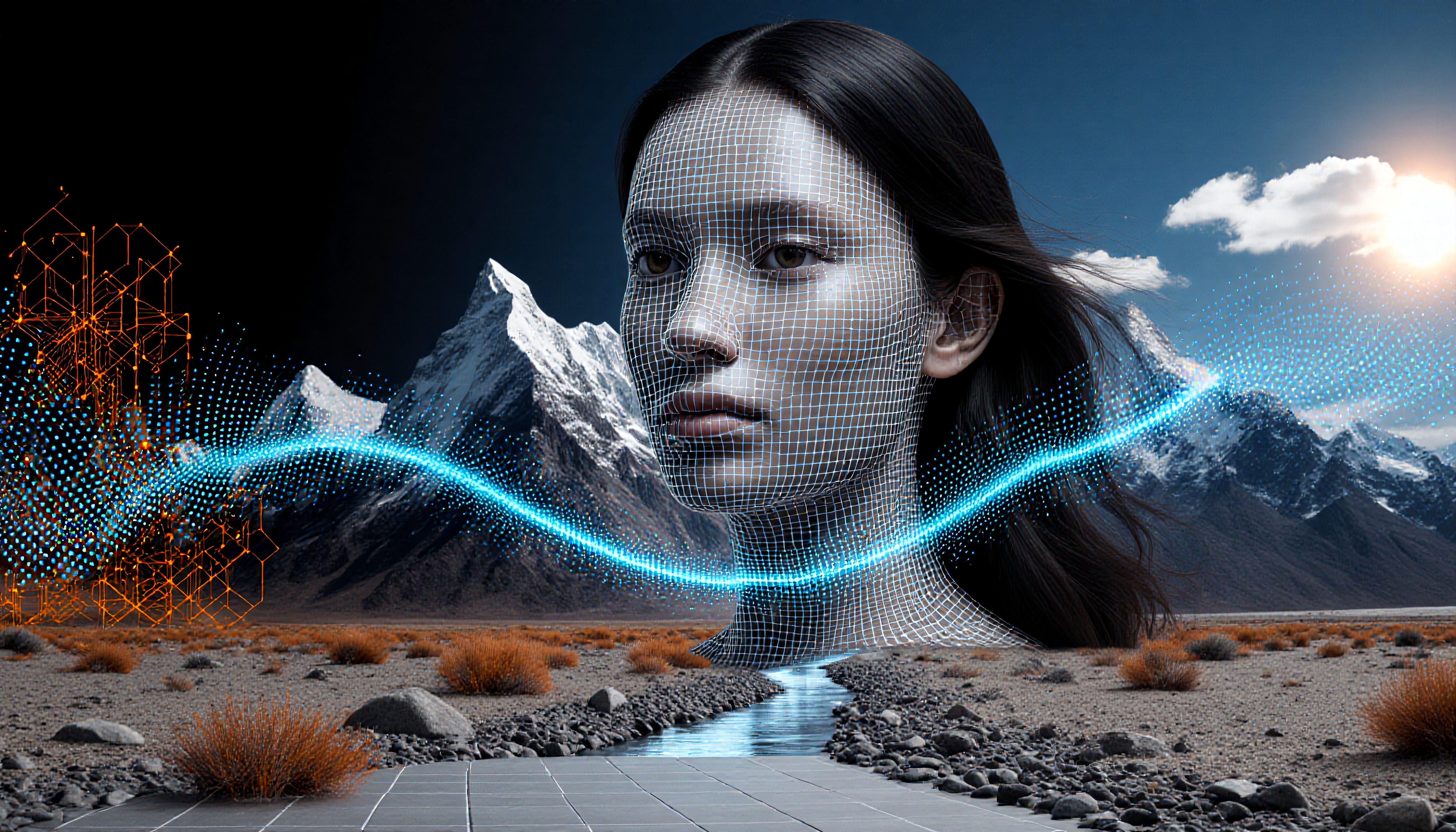 A digital face blends with a mountain landscape, showcasing the fusion of technology and nature.