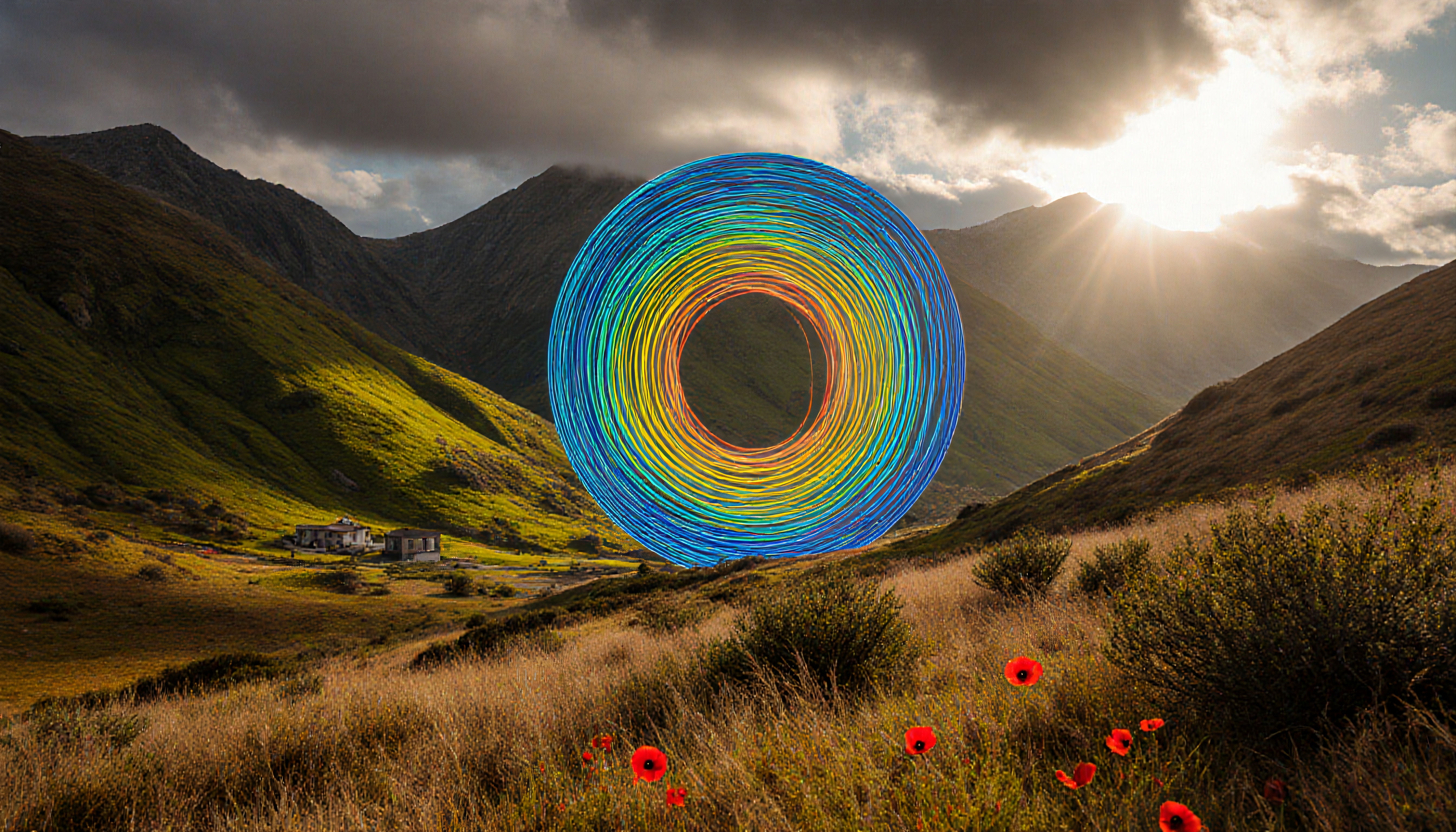 A surreal colorful circle amidst scenic mountain landscape with sunset and red poppies.