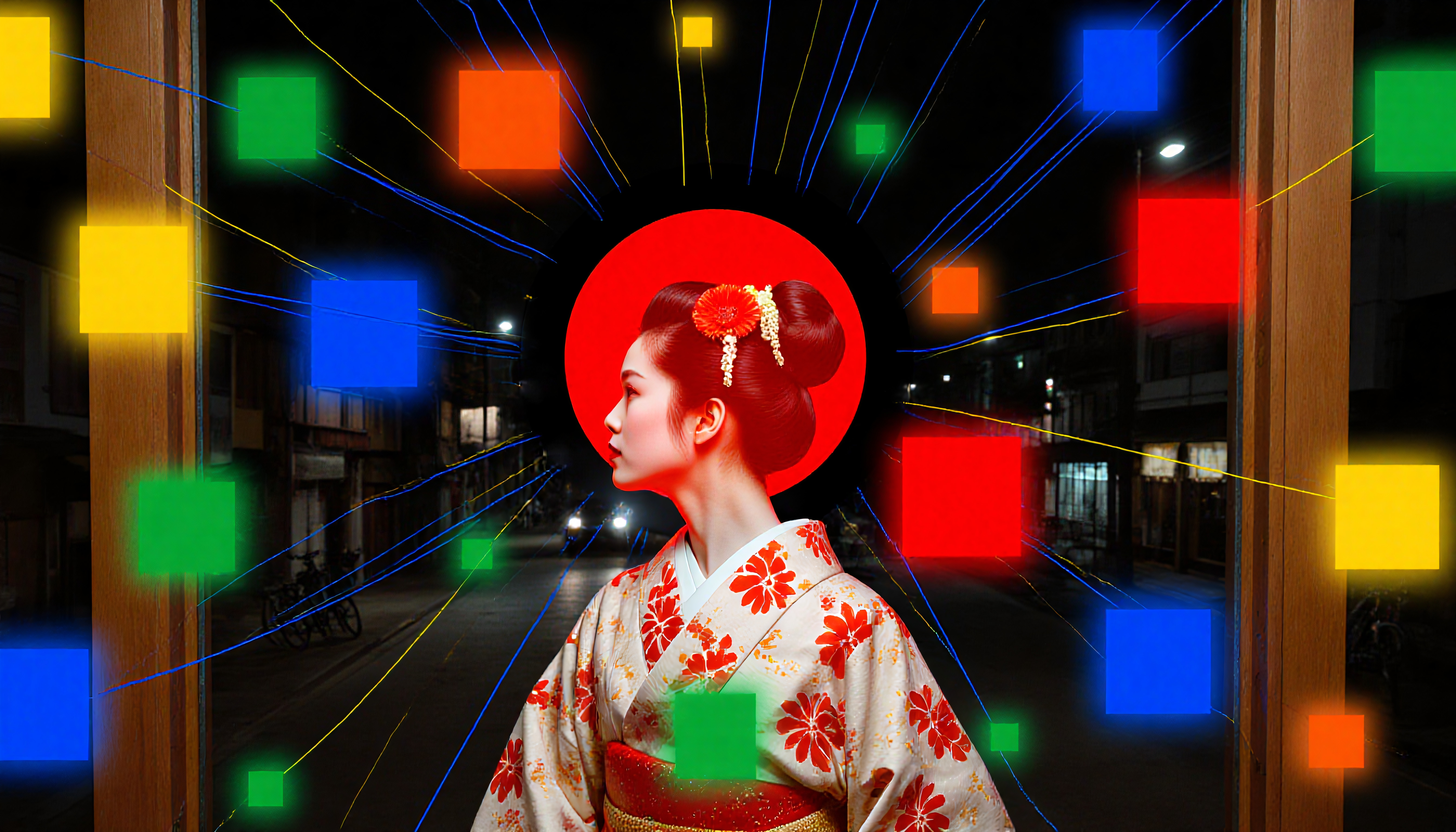 Traditional Japanese geisha in red floral kimono with colorful digital squares on night street background