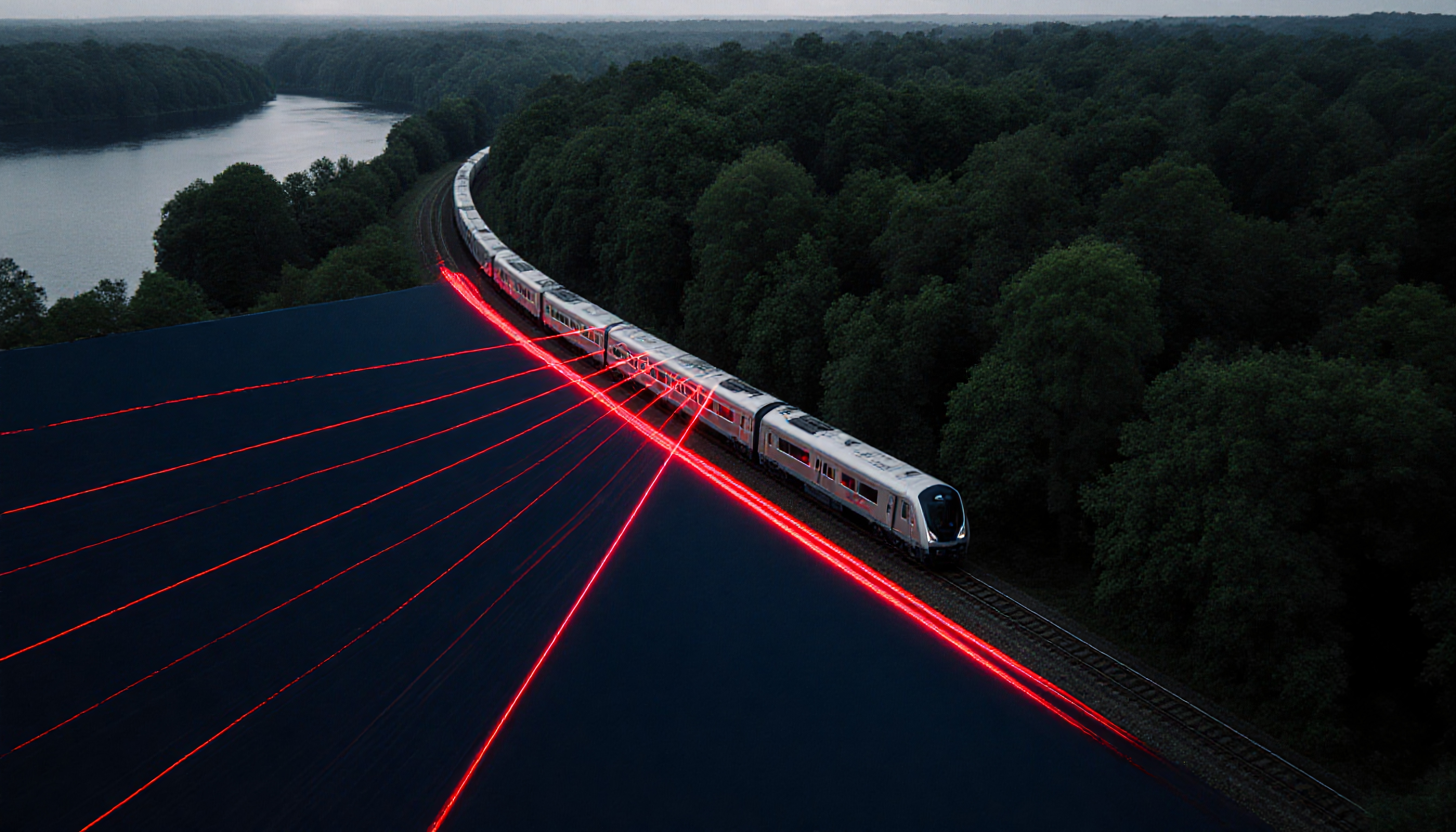 A futuristic train emits red laser beams as it travels through a forest, blending technology with nature.