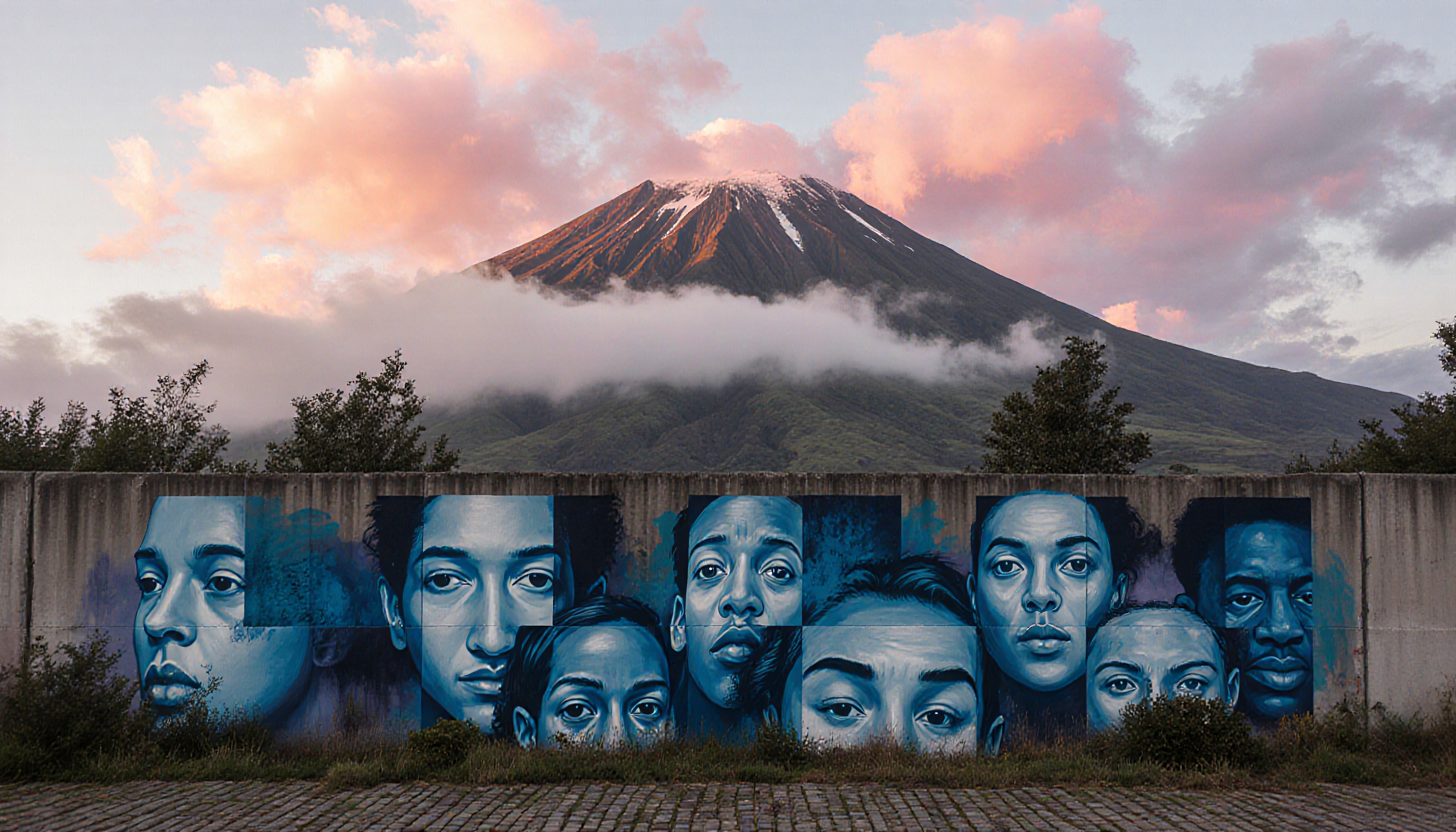 A serene mountain backdrop complements the vibrant street art of diverse blue-toned faces on a concrete wall.