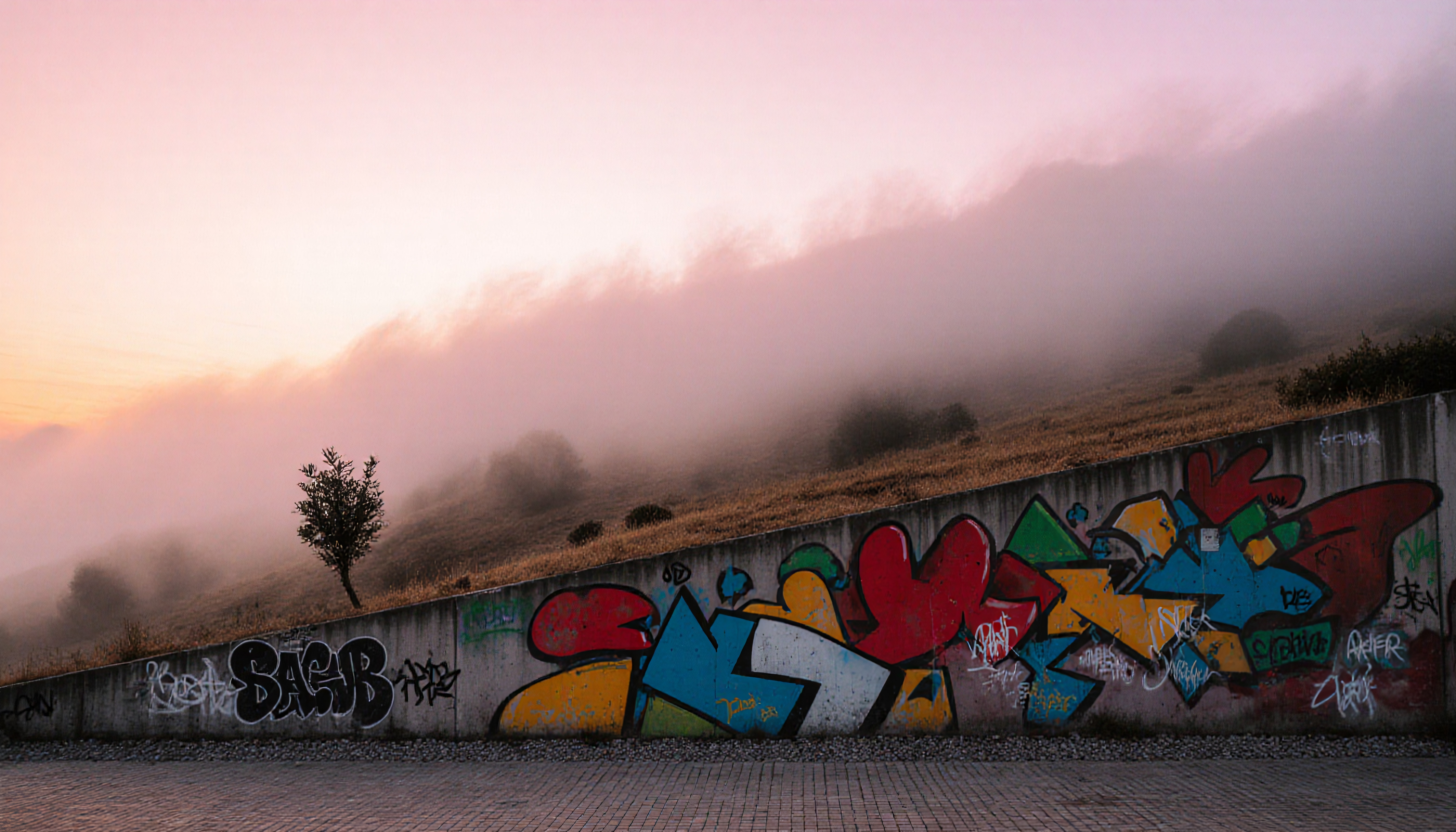 A vibrant graffiti wall set against a misty, pinkish sunset backdrop with rolling hills and trees.