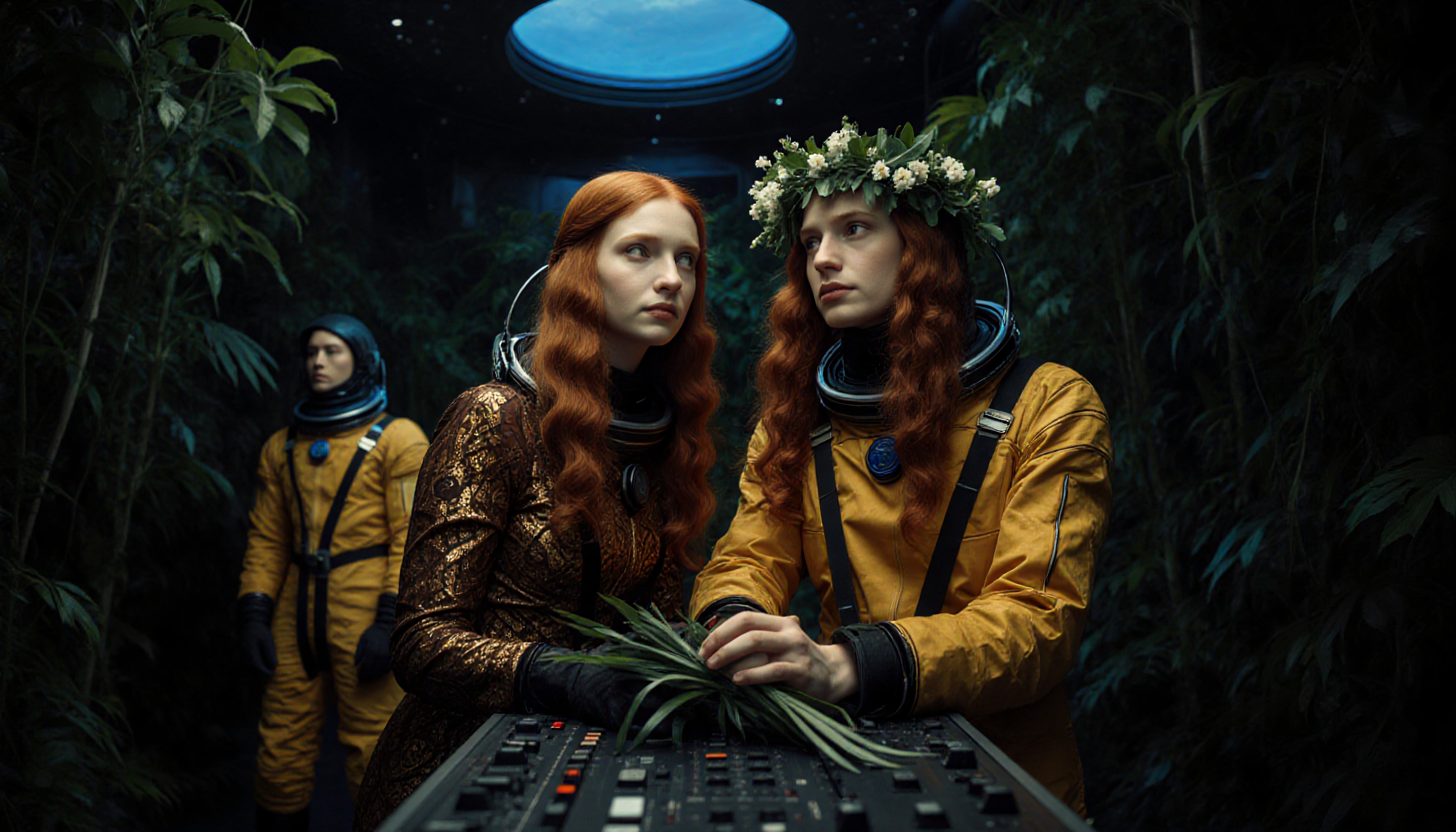 Enigmatic Portrait of Three People Surrounded by Jungle Foliage