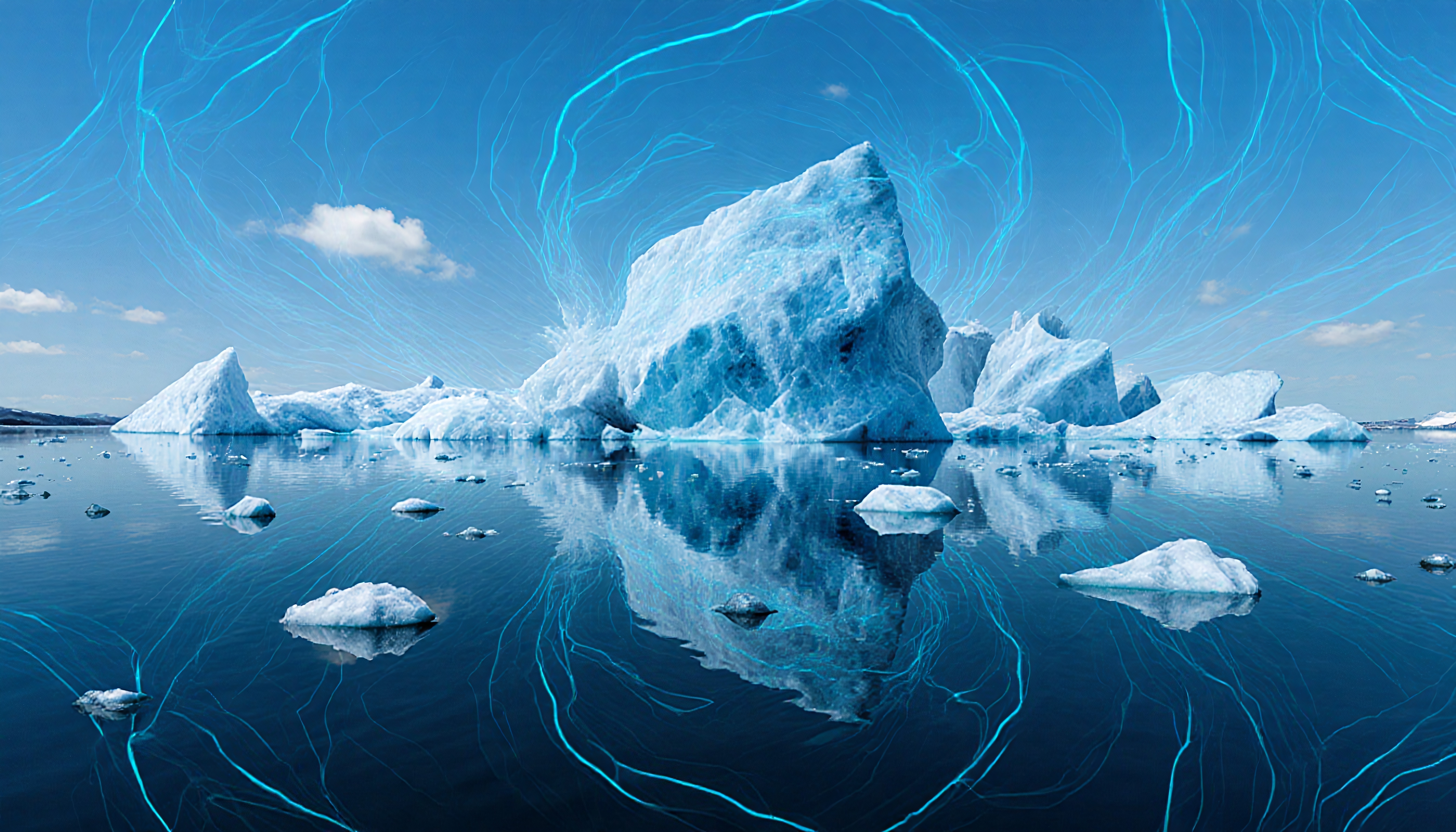A large iceberg reflects in tranquil waters under a dynamic, blue-streaked sky, creating a surreal, serene scene.