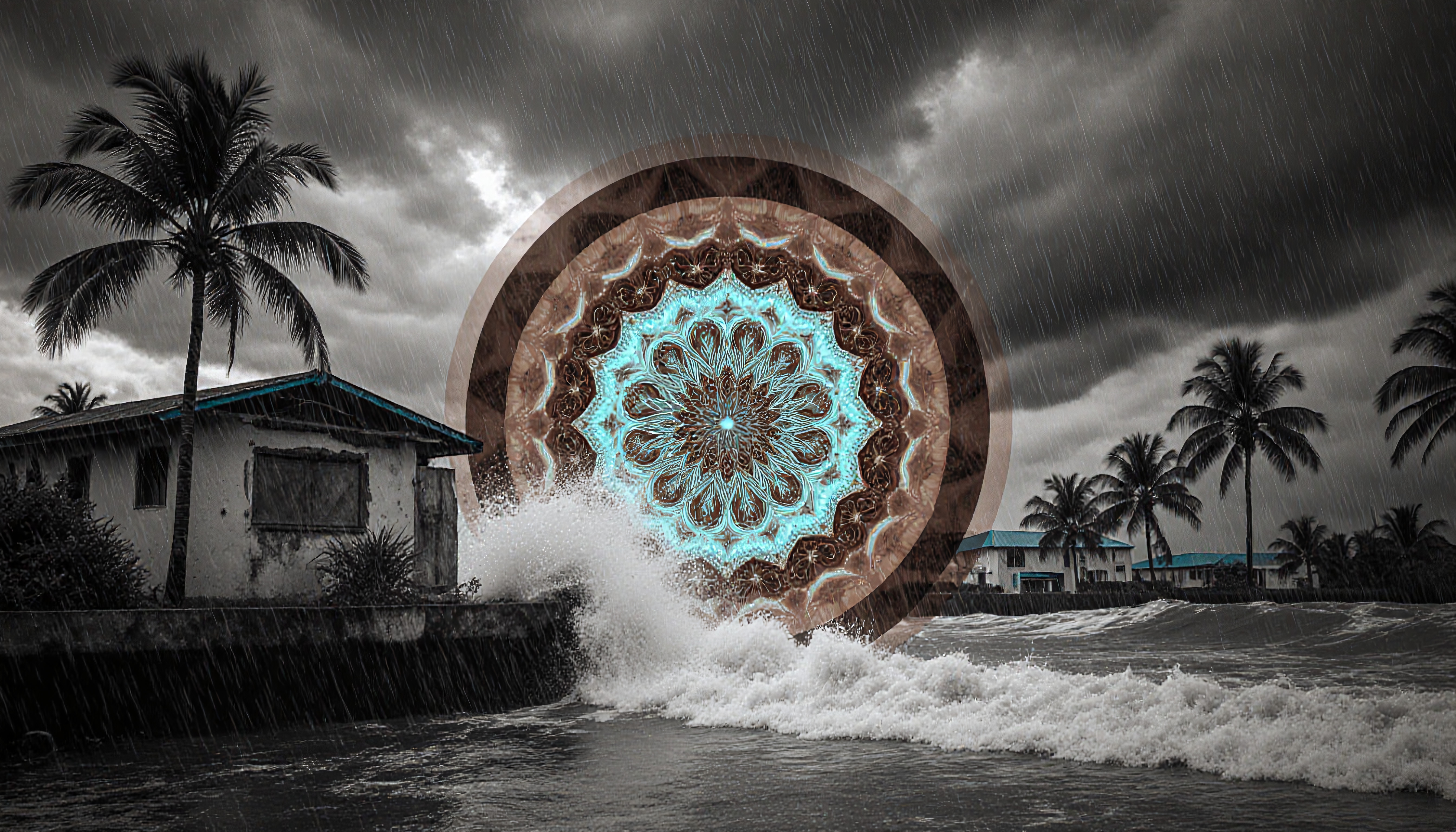 A vibrant mandala contrasts against a stormy coastal scene.