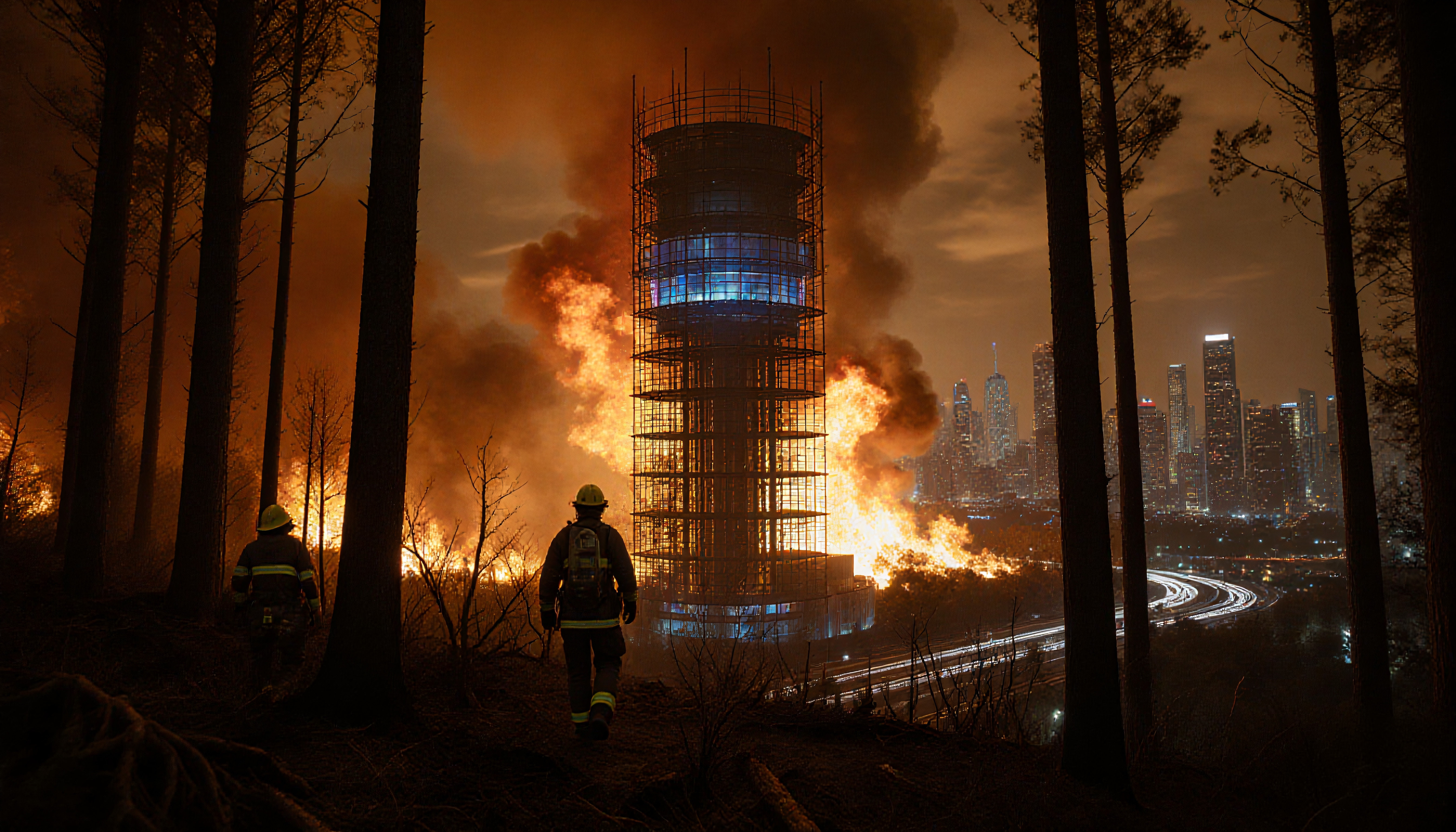 Firefighters face a blazing tower engulfed in a forest fire against a city skyline night backdrop.