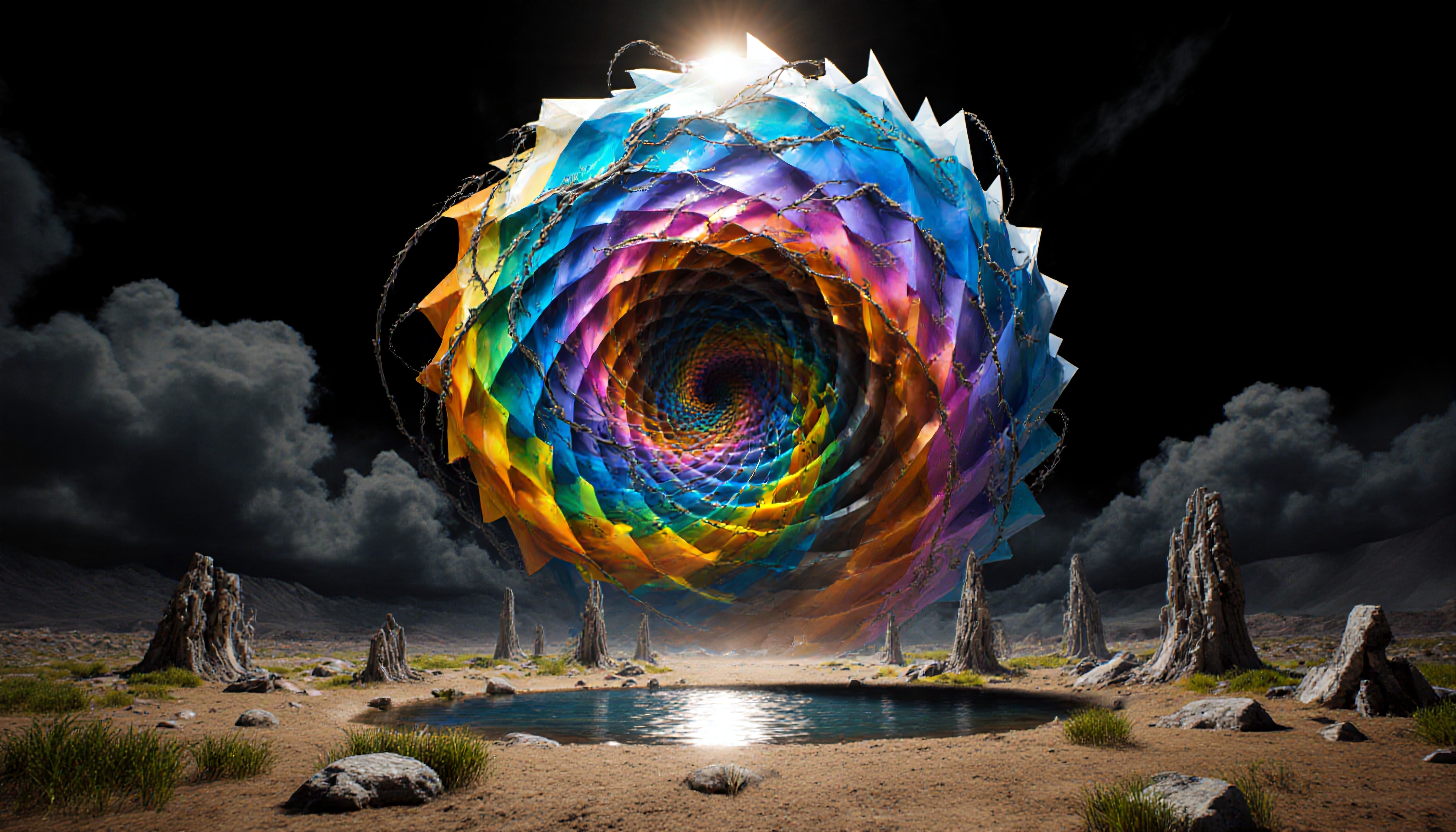 Surreal landscape with a vibrant, multicolored spiral hovering above a reflective pool in a rocky, dreamlike environment.