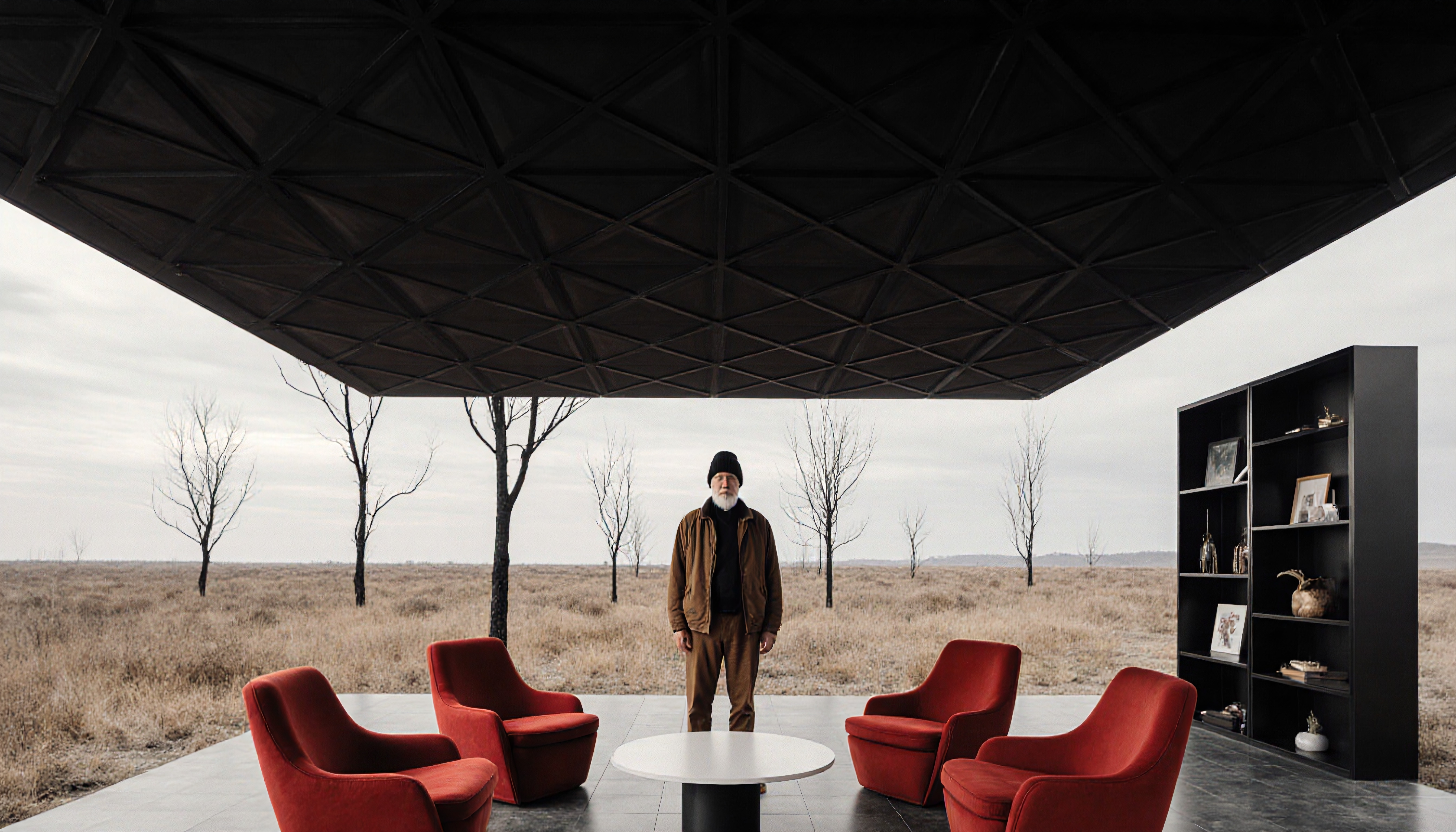 Man in a modern minimalist room with red chairs in the wilderness.