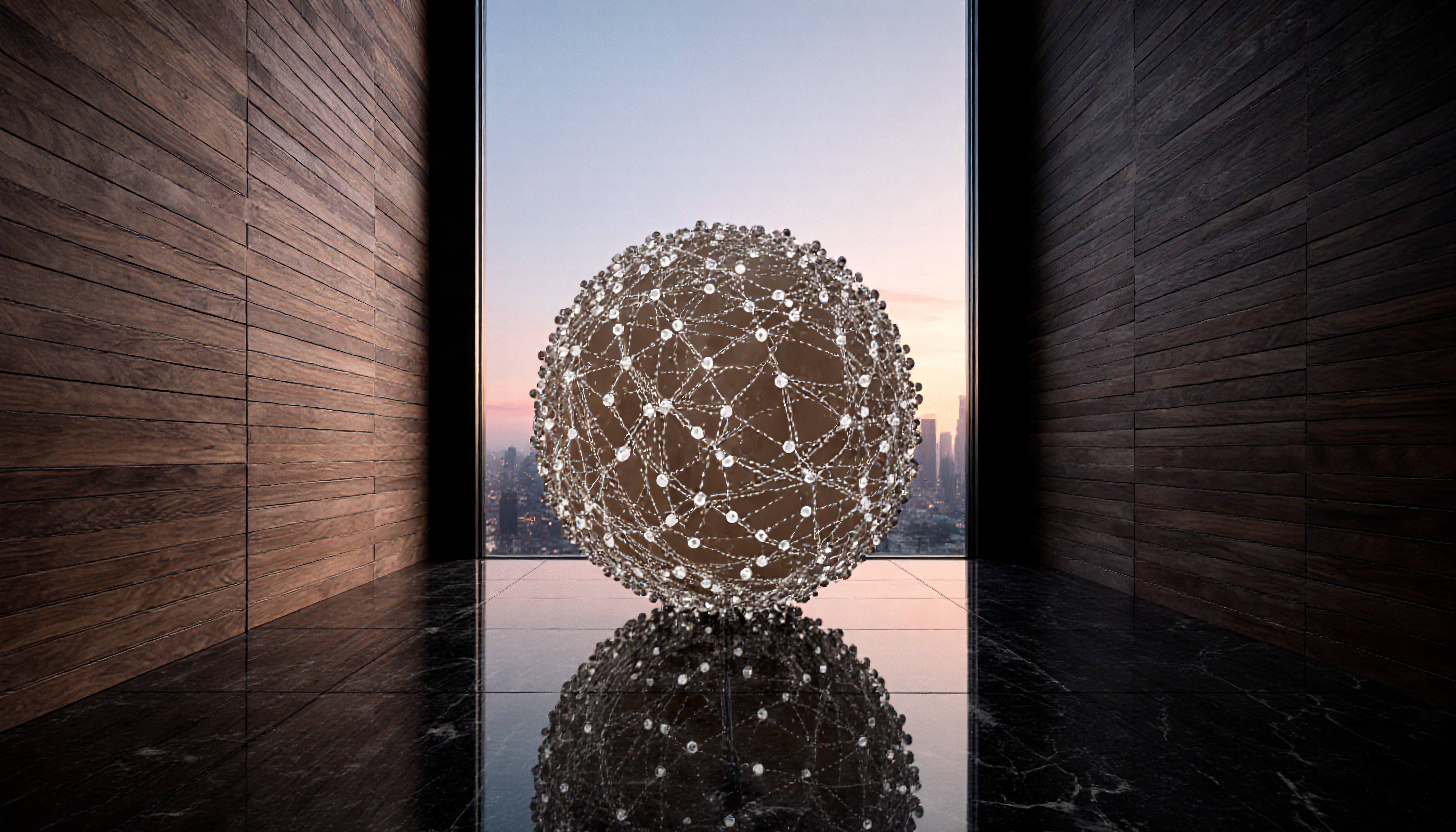 Modern Interior with Geometric Sphere Sculpture Against Cityscap